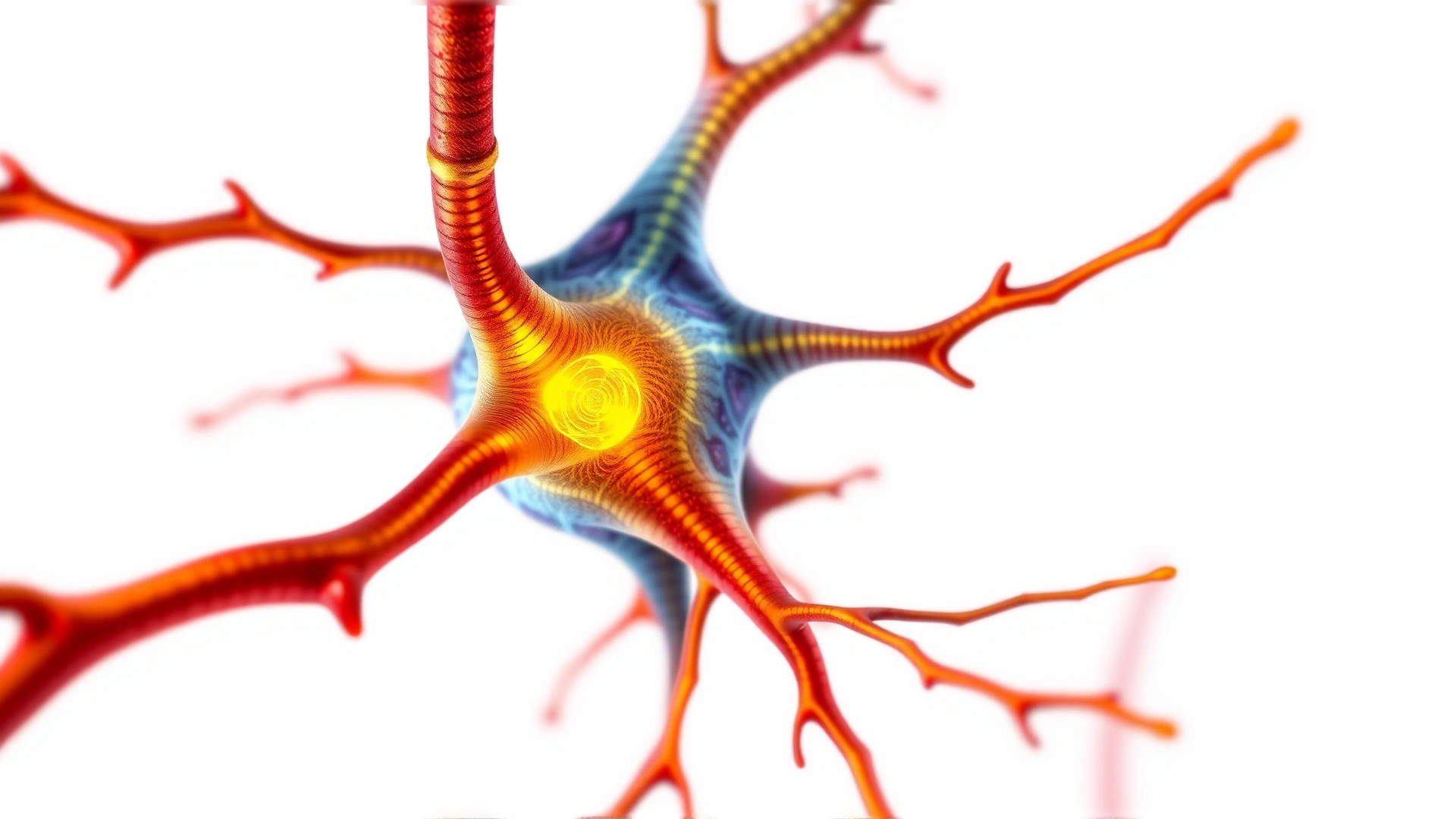 Detailed medical illustration of a cat neuron highlighting the myelin sheath, colorful scientific style on a white background.