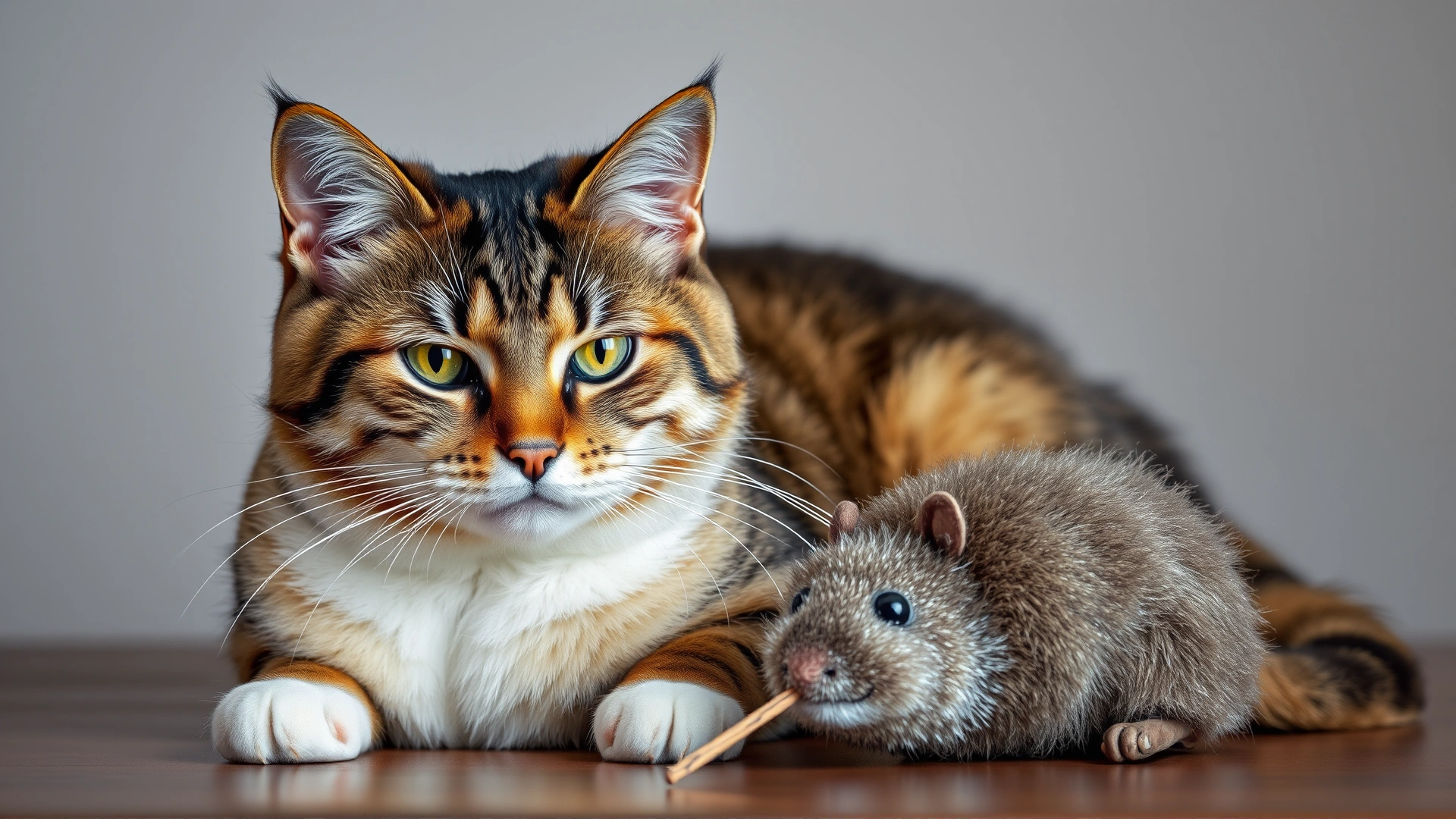 Adult cat sitting calmly next to a catnip-stuffed mouse toy, looking uninterested.