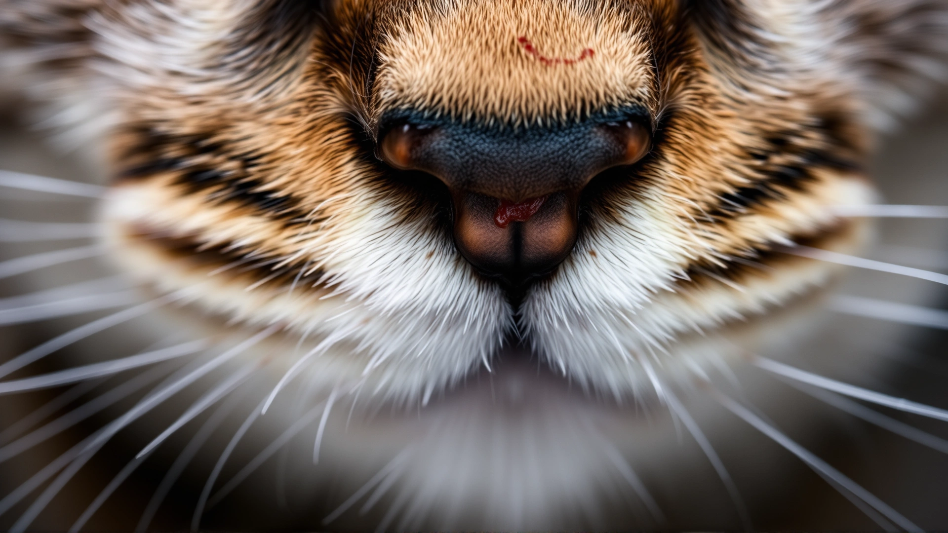 Macro shot of a cat’s nose and surrounding skin showing dryness and mild lesions, focused on texture and detail, neutral background, high resolution.