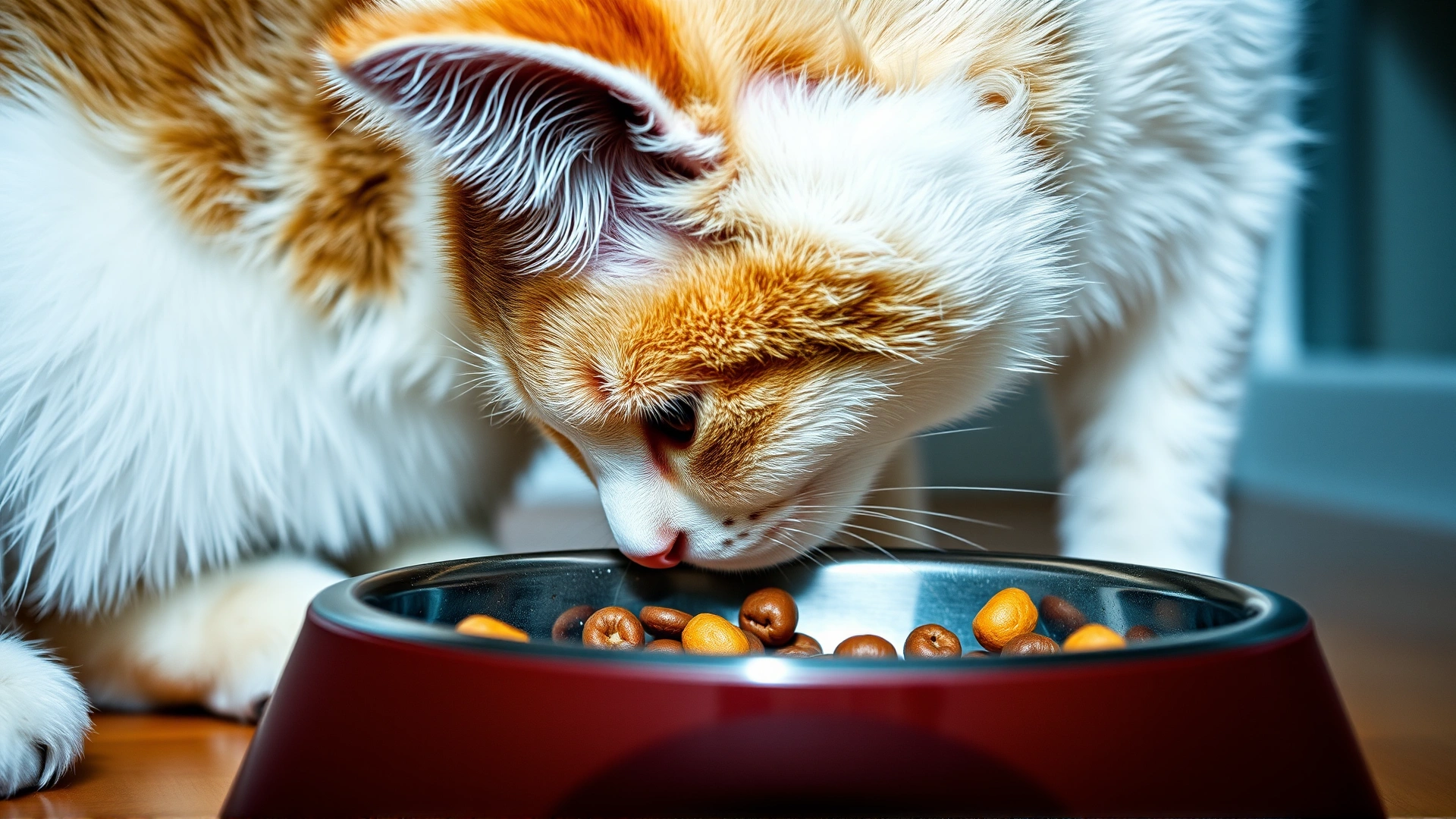 Close-up of a food bowl left untouched while a cat turns its head away, emphasizing loss of appetite.