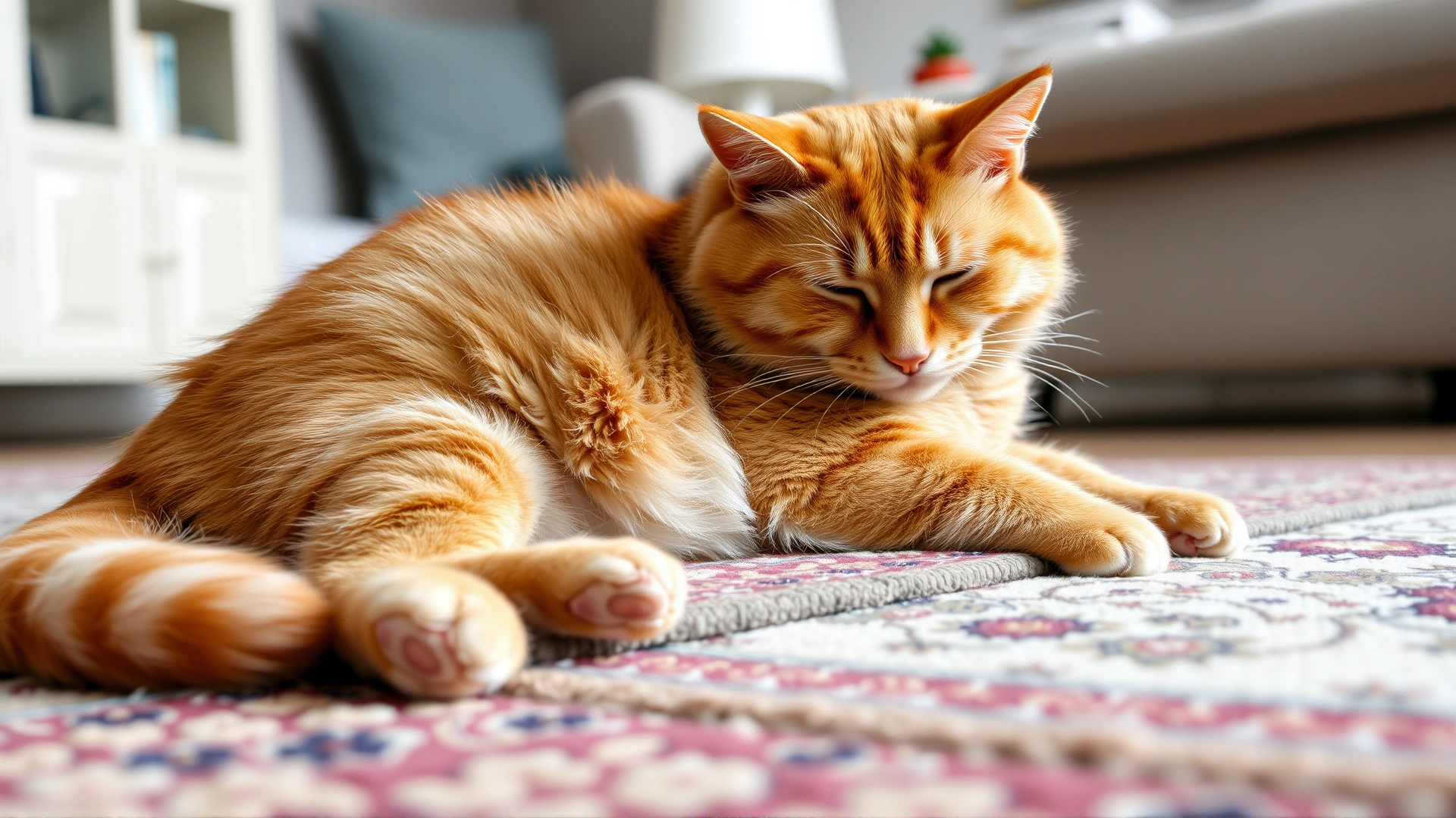 An overweight ginger cat lying on a living room rug, looking sleepy, demonstrating feline obesity