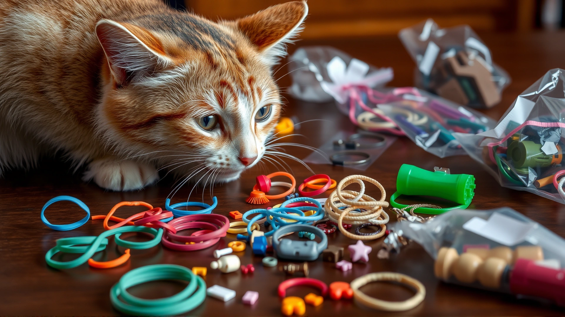 Tabletop scene with household choking hazards such as rubber bands, small toy parts, strings, and plastic bags laid out next to a curious cat sniffing them.
