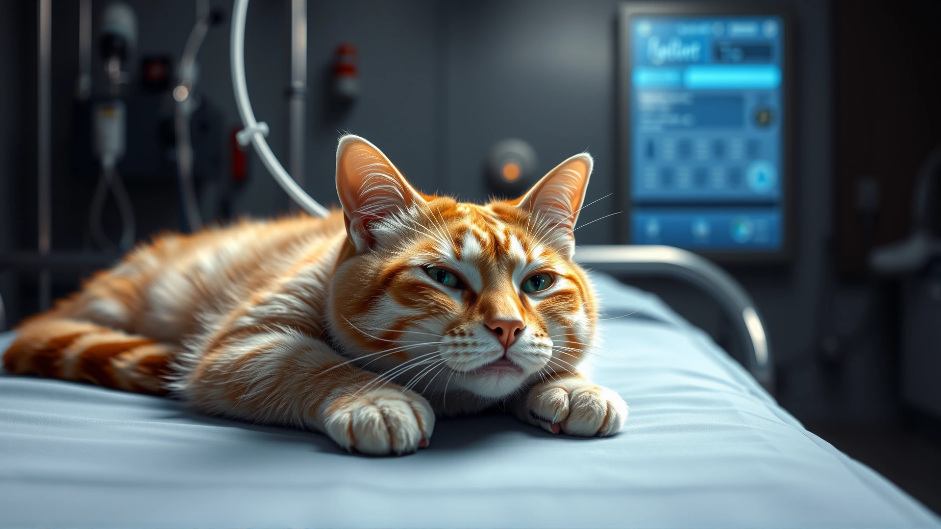 Ill cat lying on veterinary ICU bed with IV catheter inserted, dim medical lighting