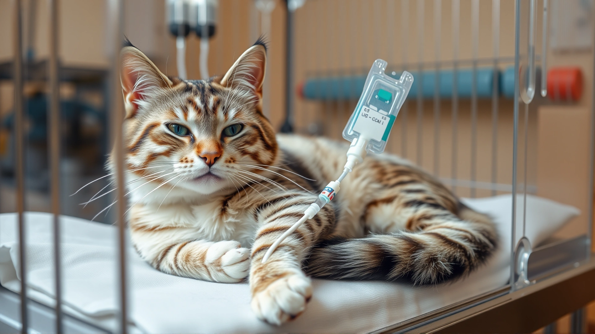 Image of a hospitalized cat resting comfortably in a transparent veterinary cage with an IV catheter in its front leg connected to fluid line, soft warm lighting, no text