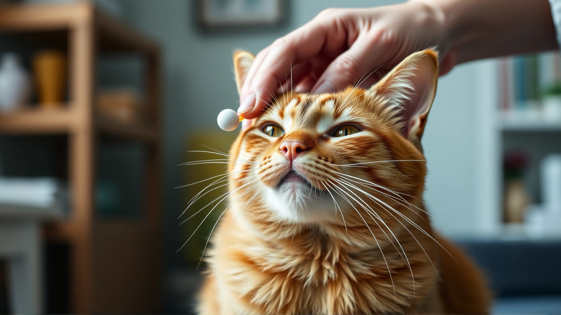 Cat owner gently giving a small pill to an orange cat using a pill popper, home environment, shallow depth of field