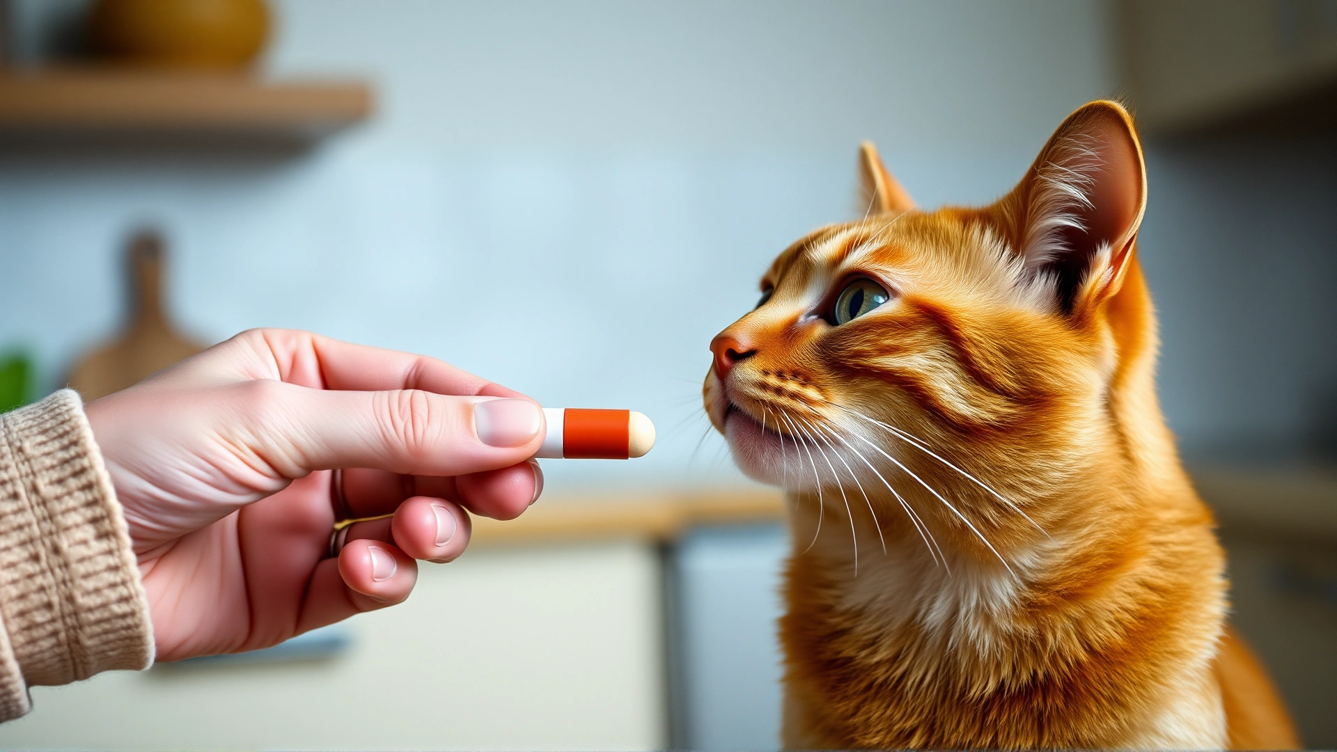 Owner hand offering a flavored pill pocket treat to a ginger cat, kitchen background softly blurred.