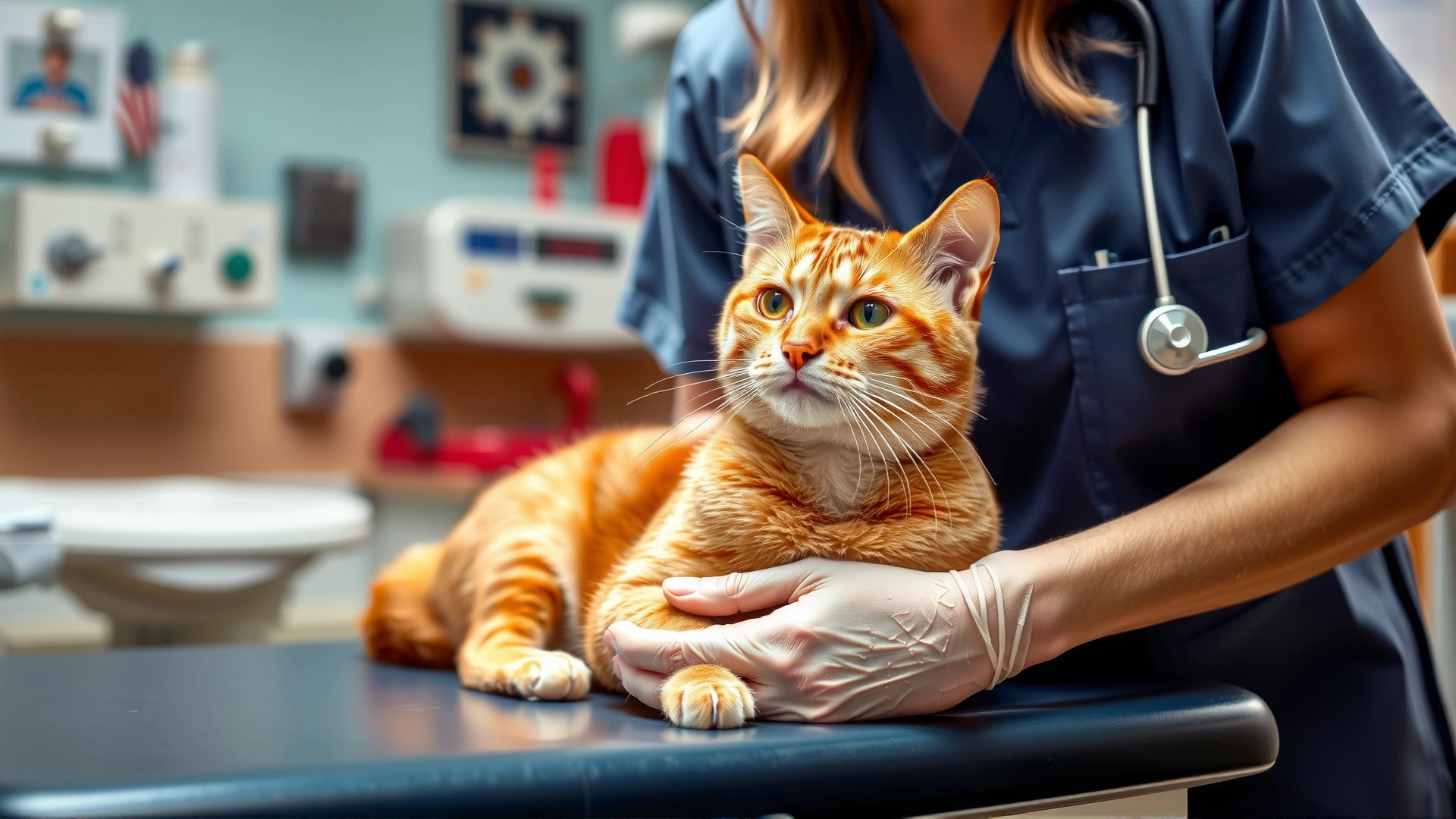 Veterinarian gently examining an orange tabby cat on an examination table inside a veterinary clinic, blurred medical equipment in background, warm lighting