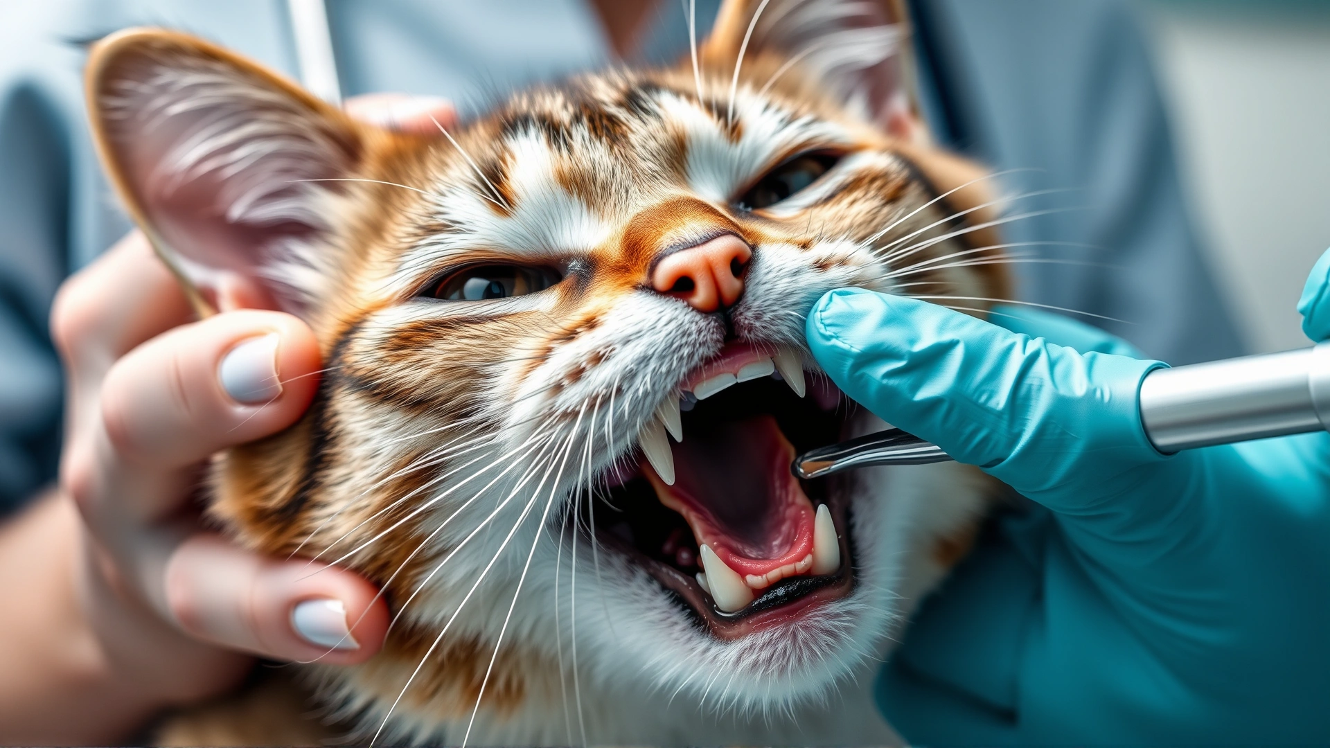 Macro shot of a veterinarian gently opening a cat's mouth to inspect teeth, on a clinical background, demonstrating dental examination.