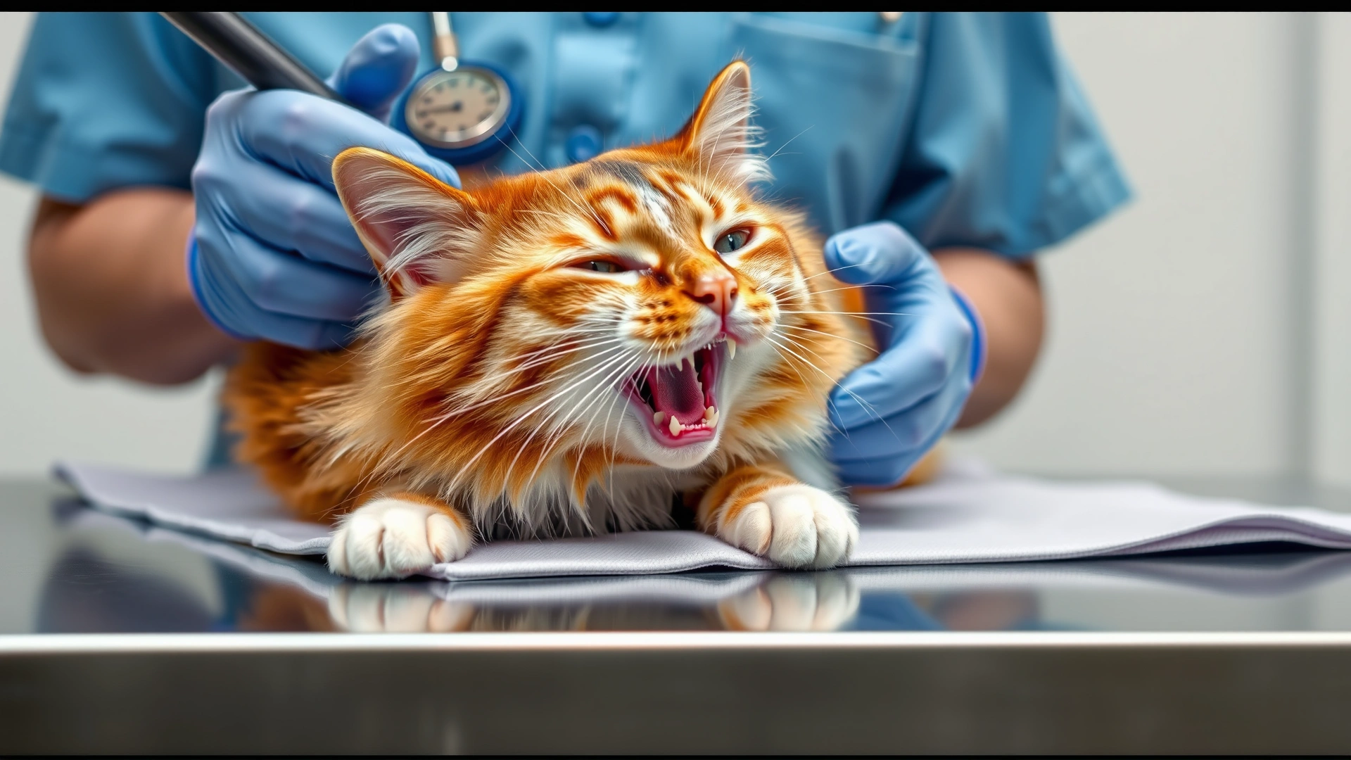 Veterinarian wearing gloves examining a calico cat's mouth on a stainless-steel exam table.