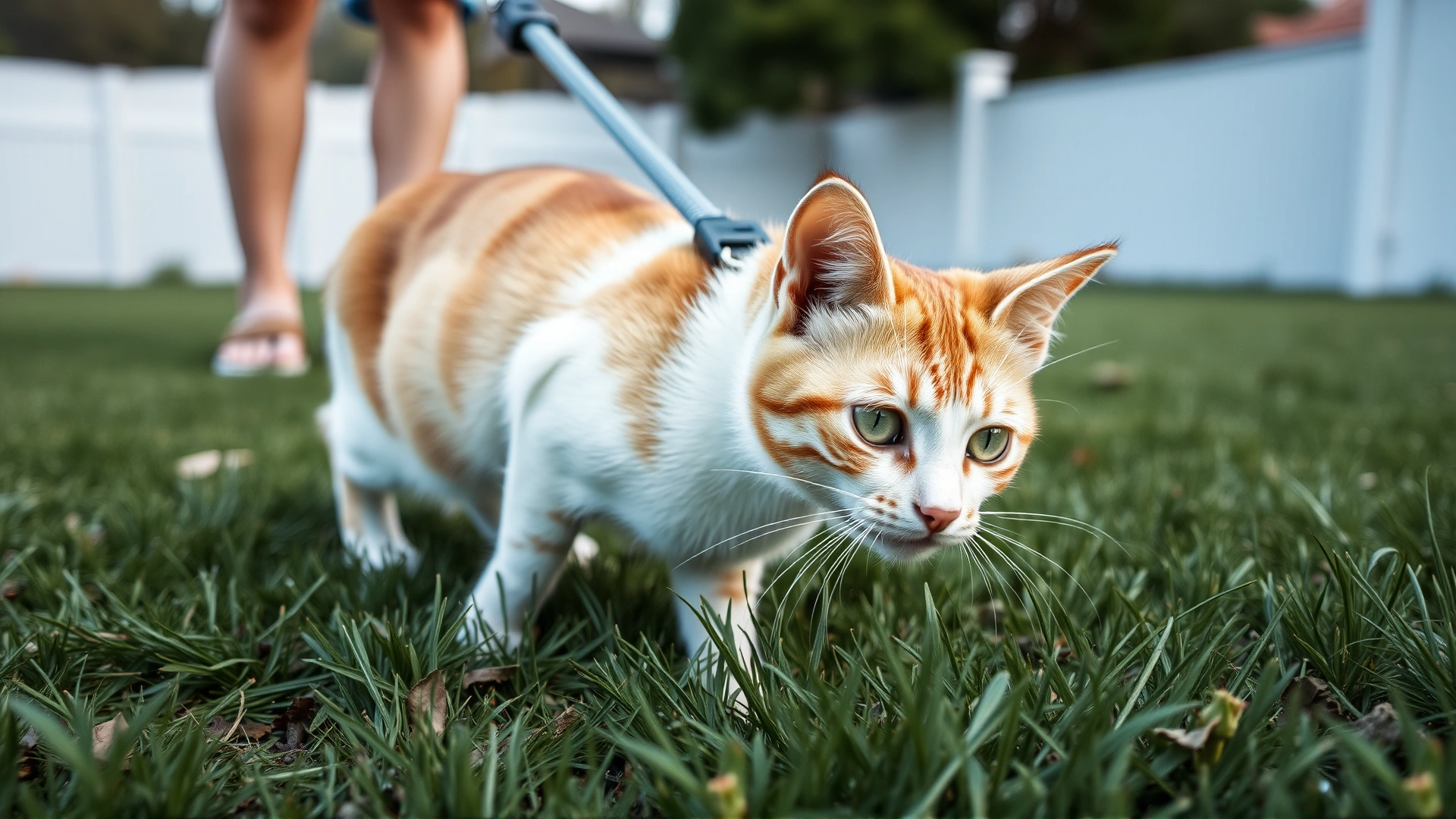Curious cat on leash exploring grass in a backyard, with leash held loosely by owner out of frame
