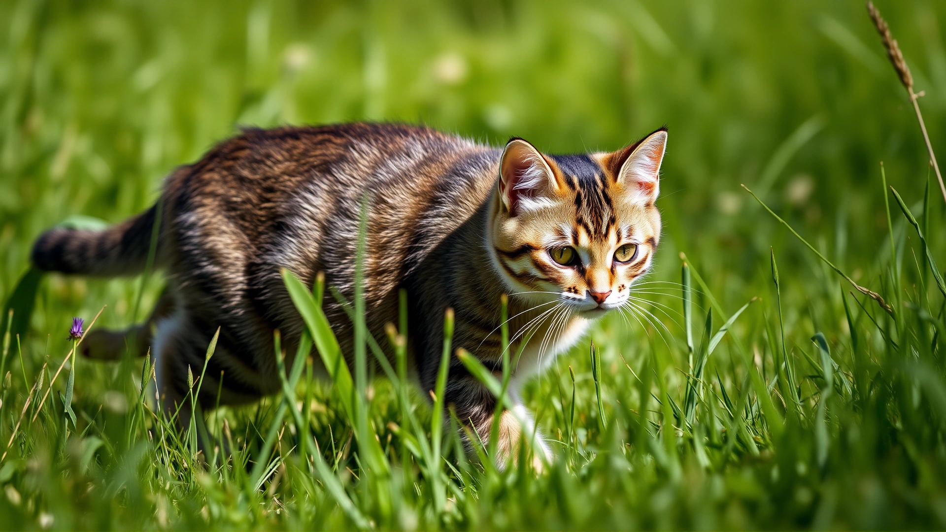 A playful domestic short-haired cat strolling through tall green grass on a sunny day, with shallow depth of field highlighting the cat
