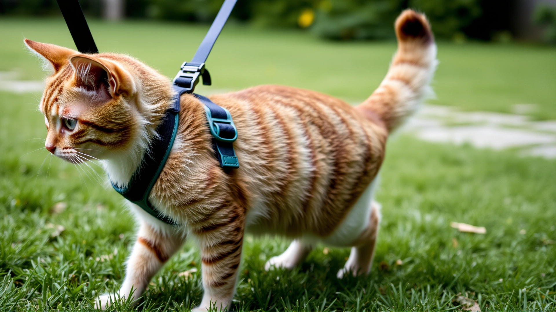 A domestic cat wearing a secure harness and leash exploring a green backyard under supervision.