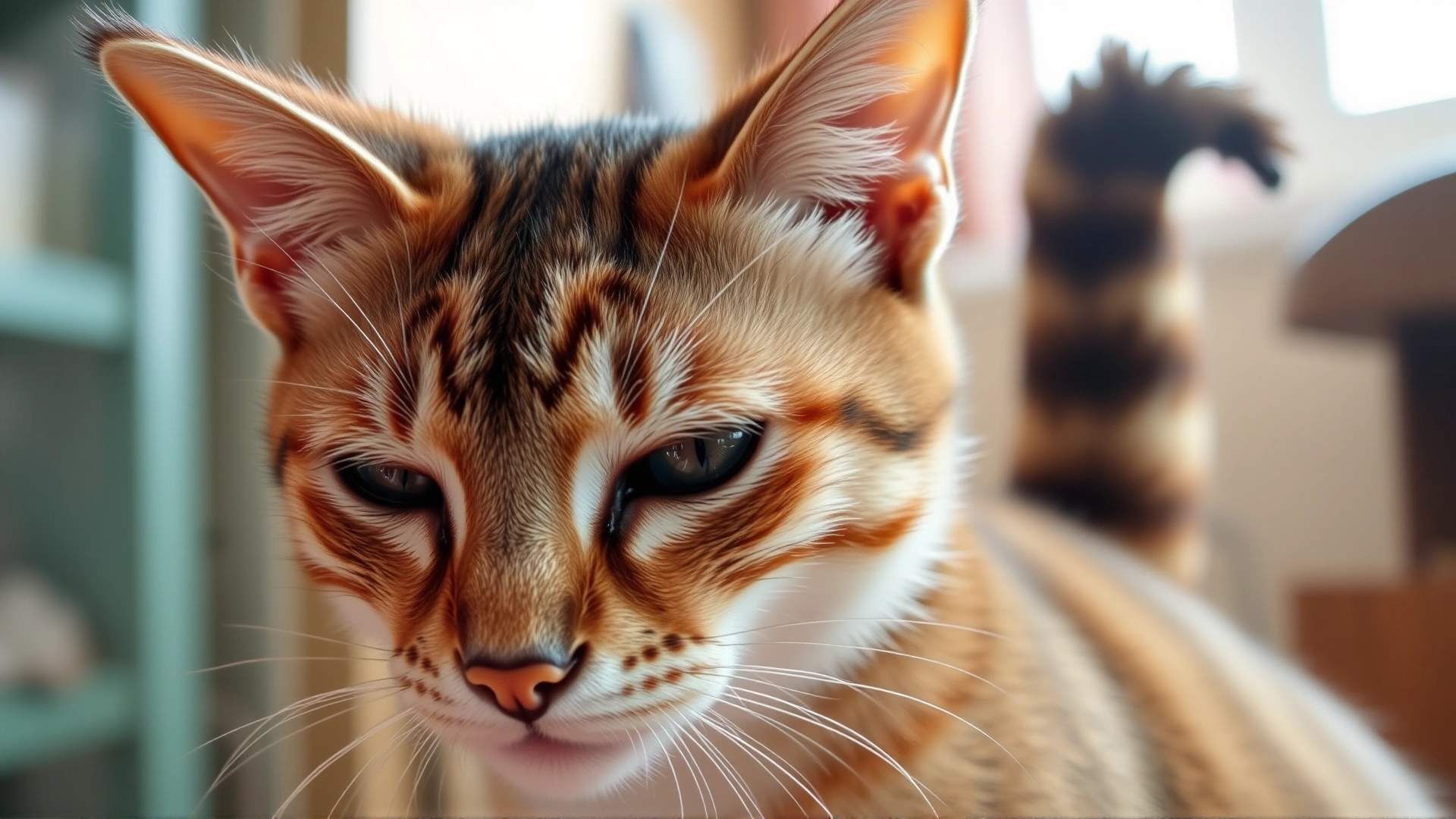 Close-up of cat with flattened ears and swishing tail, showing mild irritation, indoor setting