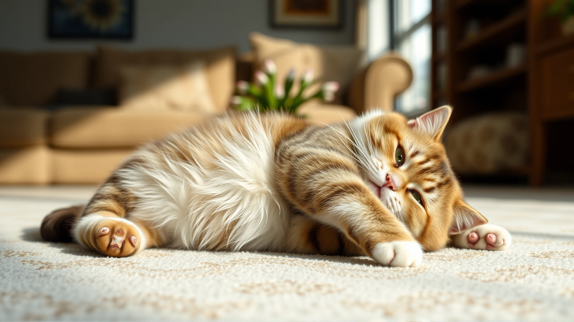 Chubby domestic cat lying on its side on a scale, soft living-room background, natural light