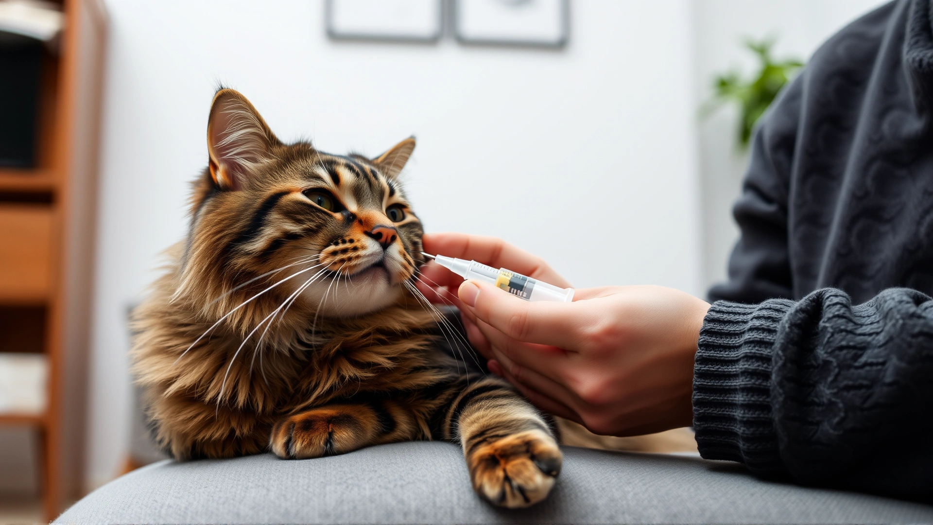 Cat owner gently administering oral medication to a relaxed cat using a dosing syringe in a cozy living room
