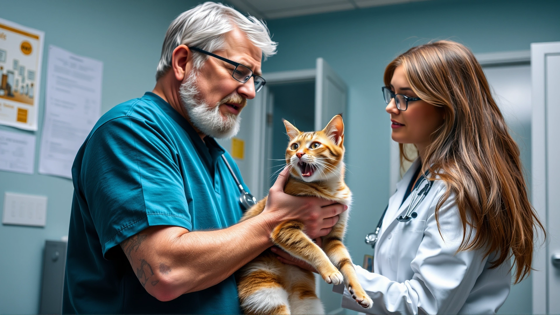 Cat owner holding a scared cat while speaking to a veterinarian in a clinic room; vet wearing white coat; atmosphere calm.