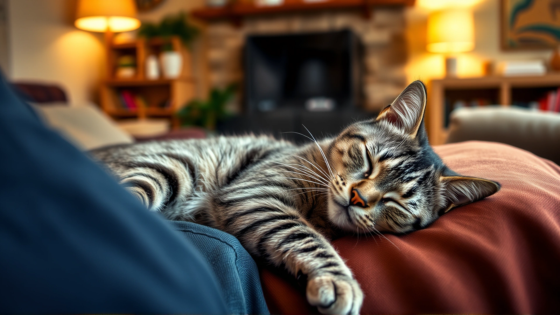 Relaxed grey tabby cat lying contentedly on its owner's lap in a cozy living room, warm ambient lighting