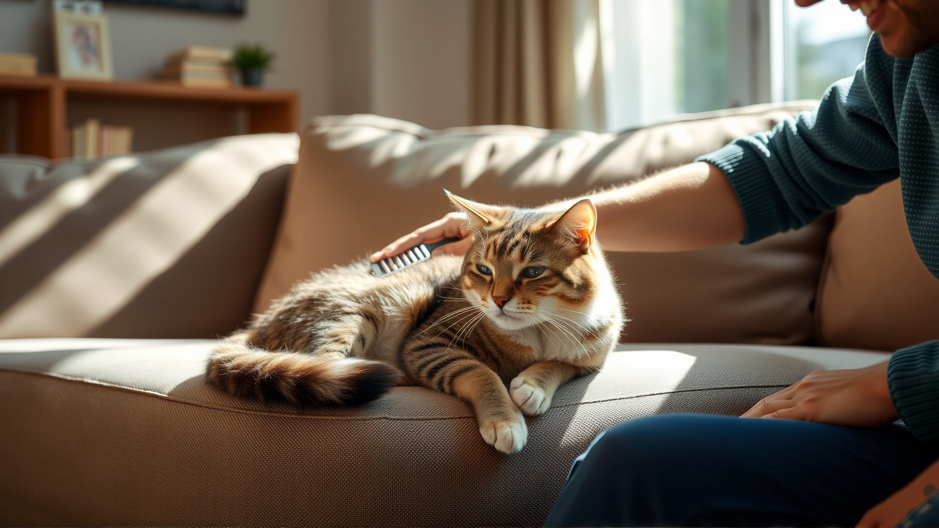Owner gently brushing and comforting a relaxed cat on a sofa in a warm living room, daylight, high resolution