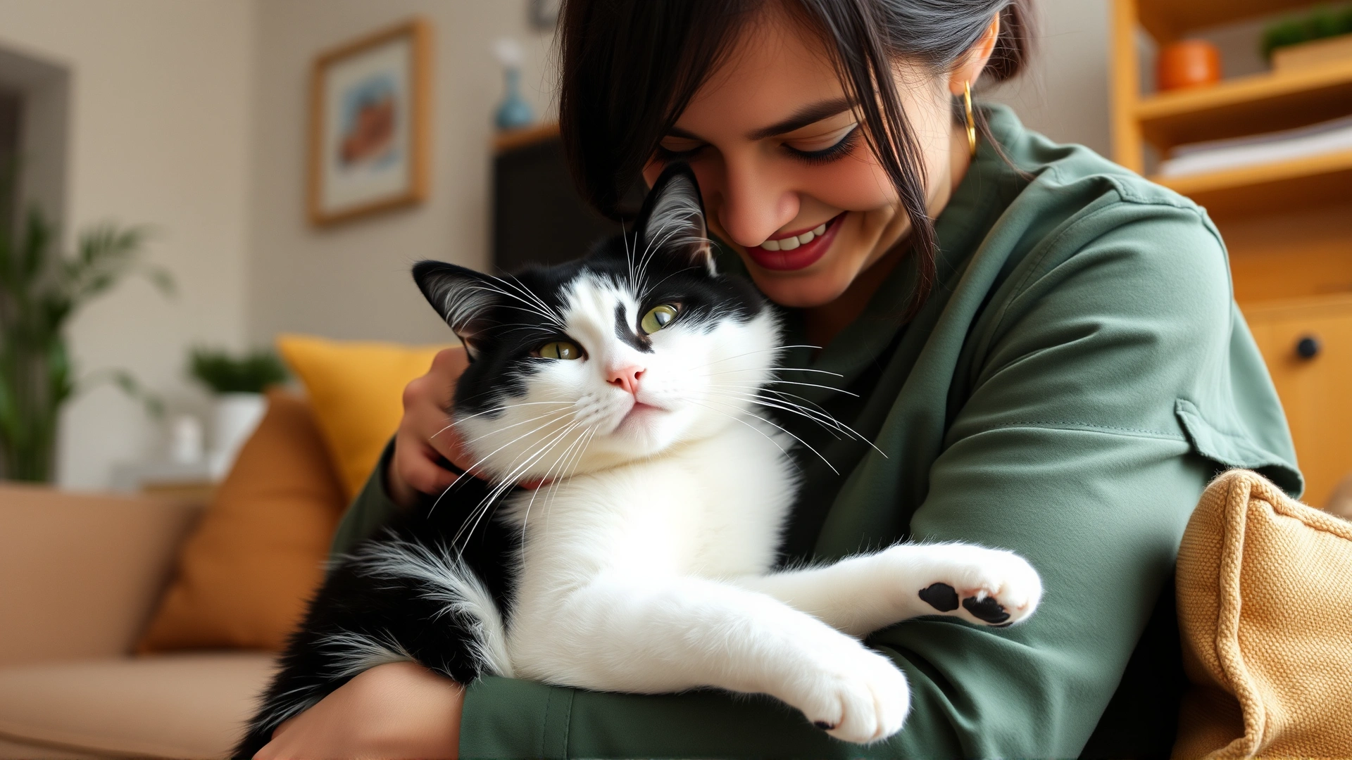 Smiling pet owner gently cuddling a black-and-white cat in a cozy living room, showing post-treatment care and bonding