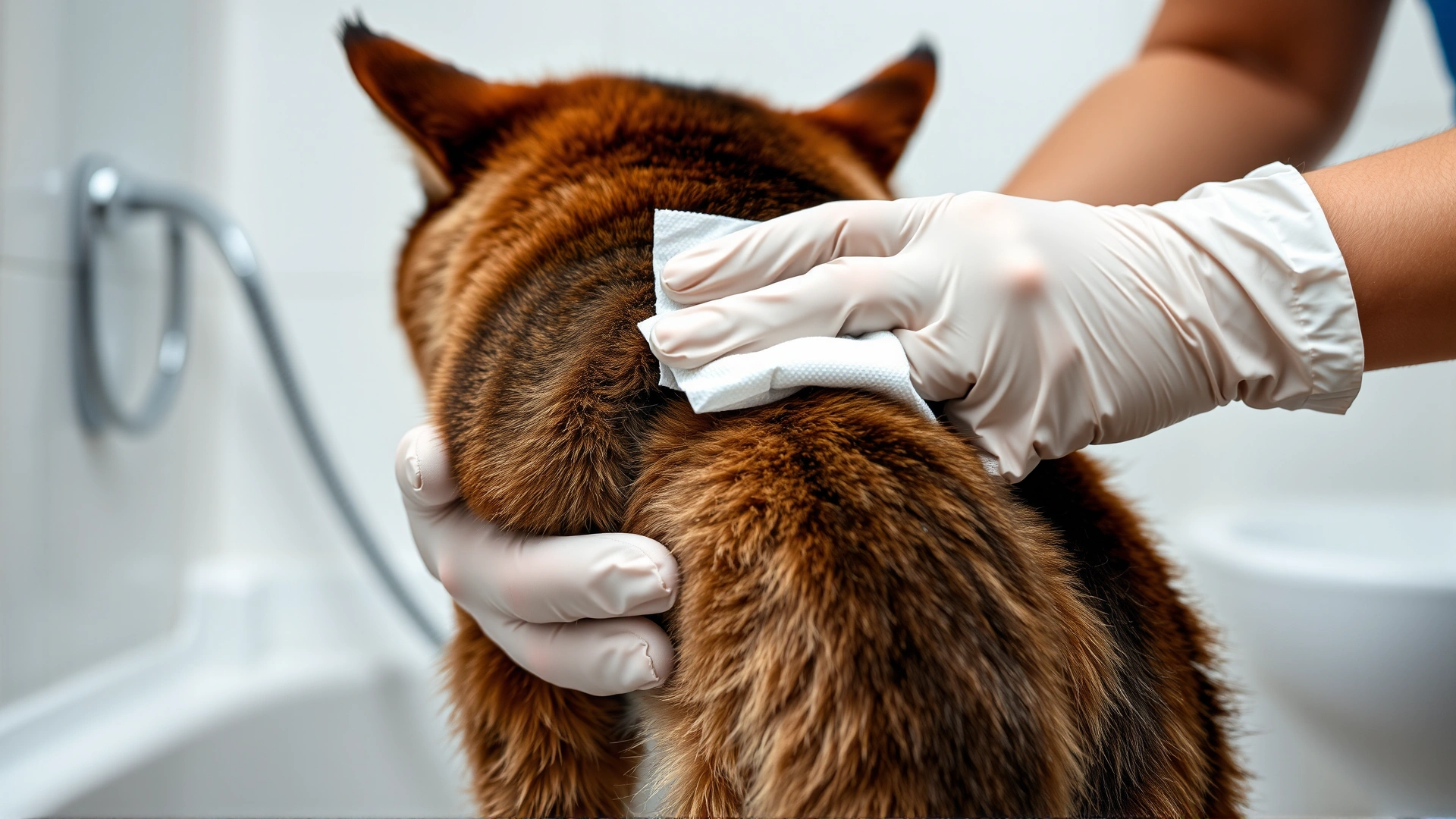 Pet owner wearing disposable gloves gently wiping a cat's hindquarters with an unscented wet wipe, bathroom setting.
