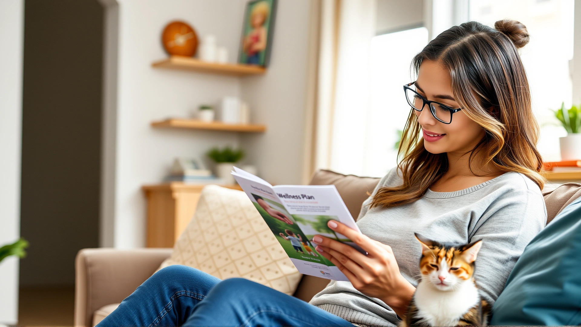 Young woman comparing two printed wellness plan brochures at home with her cat sitting beside her.