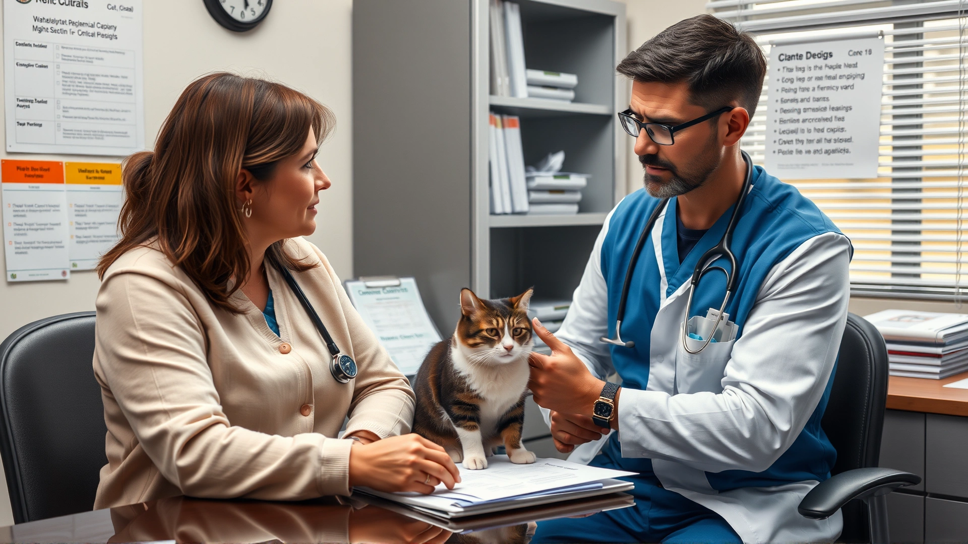 Cat owner talking to a veterinarian in a clinic office, medical charts on the desk, both looking concerned yet hopeful