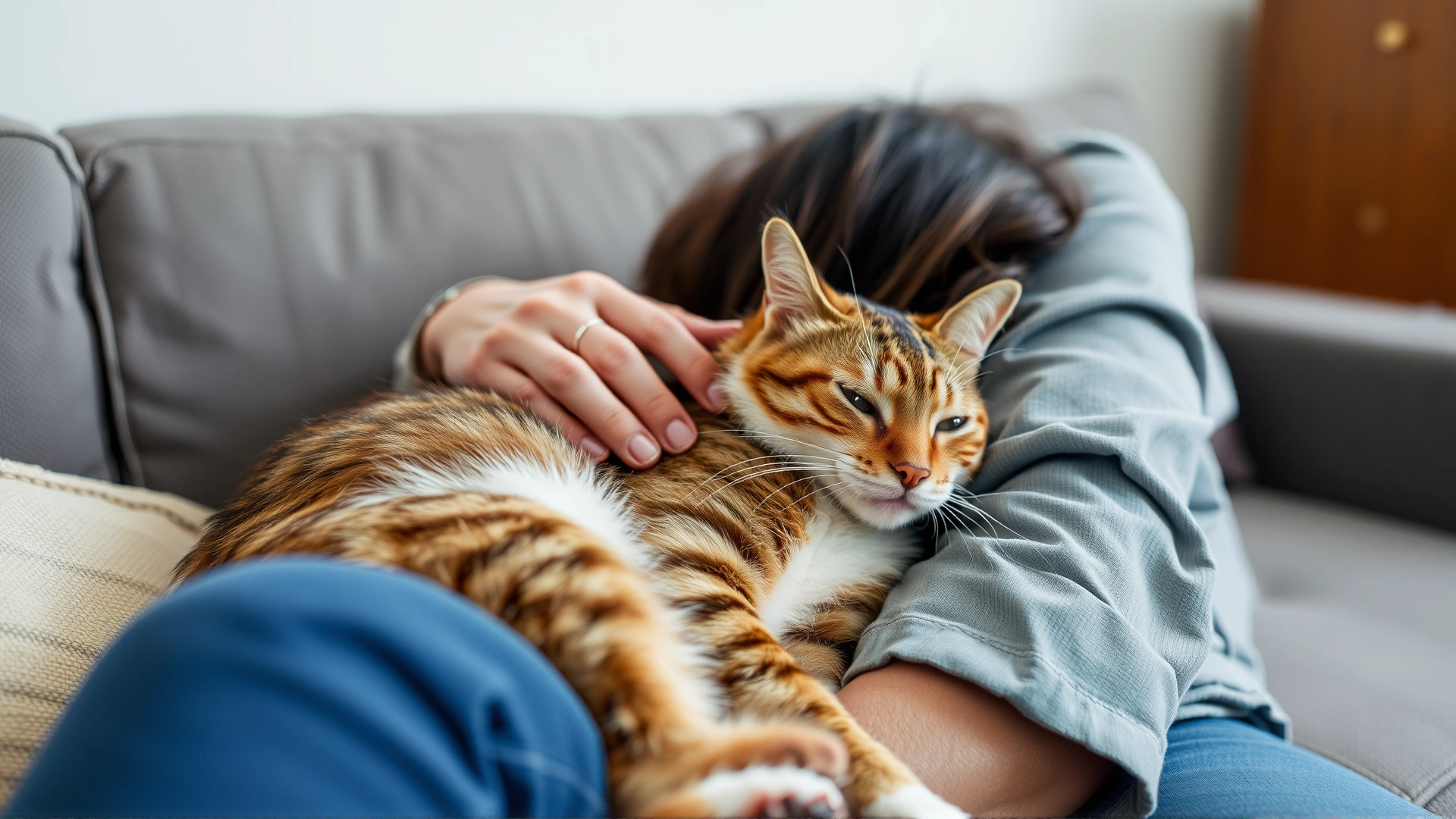 Pet owner gently cuddling their recovering cat on a couch, conveying emotional support and bonding.