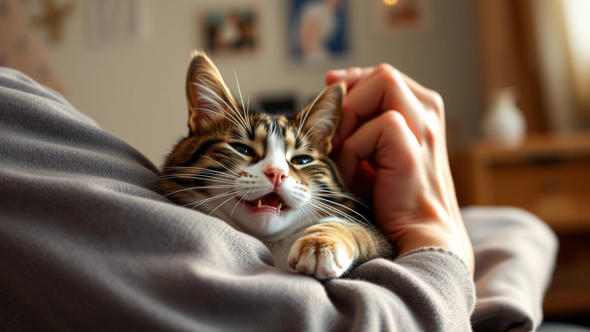 Happy cat being cuddled by its owner at home after recovery, warm lighting, feeling of relief and bonding, no text
