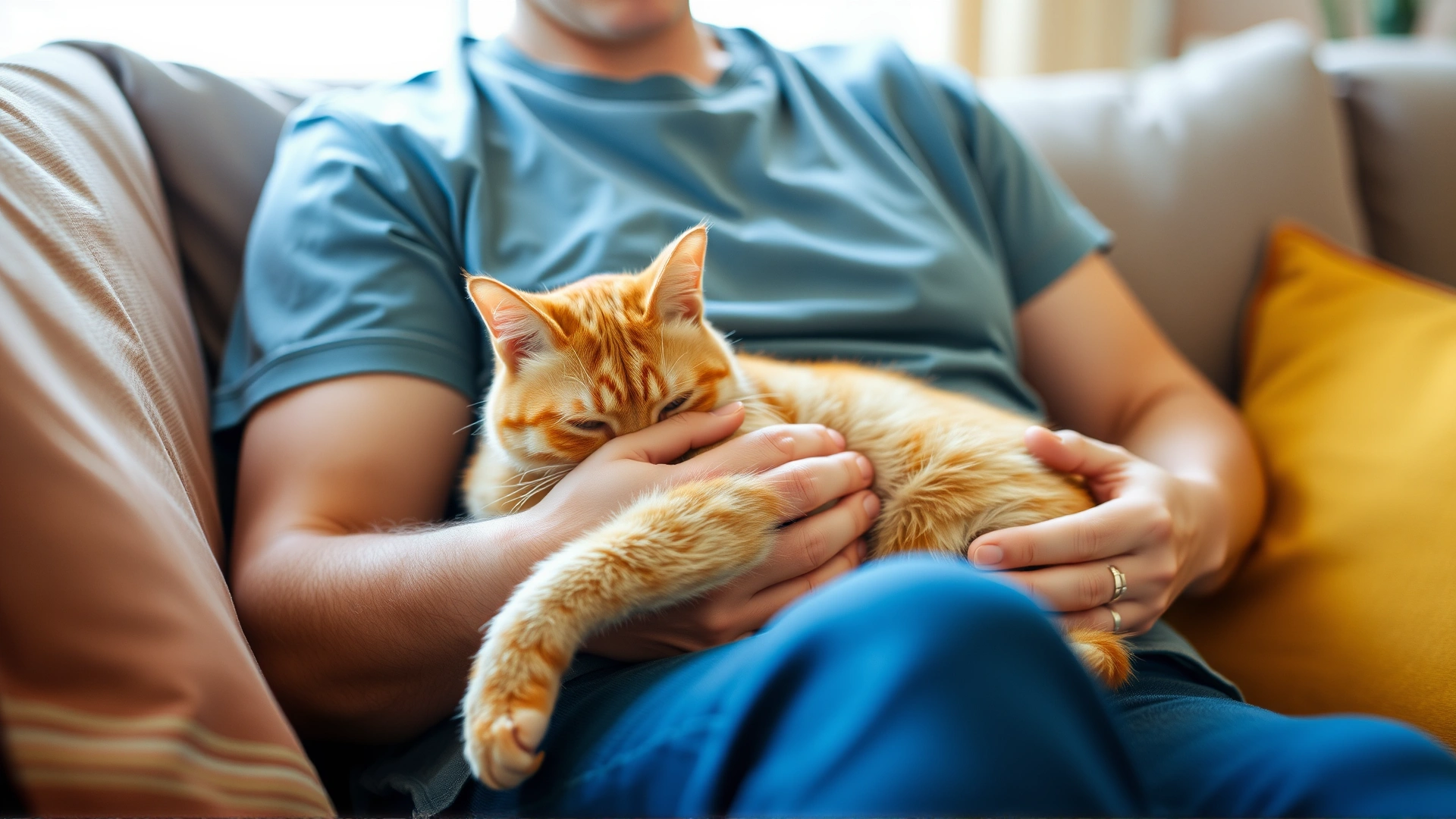 Warm scene of a pet owner cuddling their orange tabby cat on a sofa, showing emotional support during recovery; natural indoor lighting.