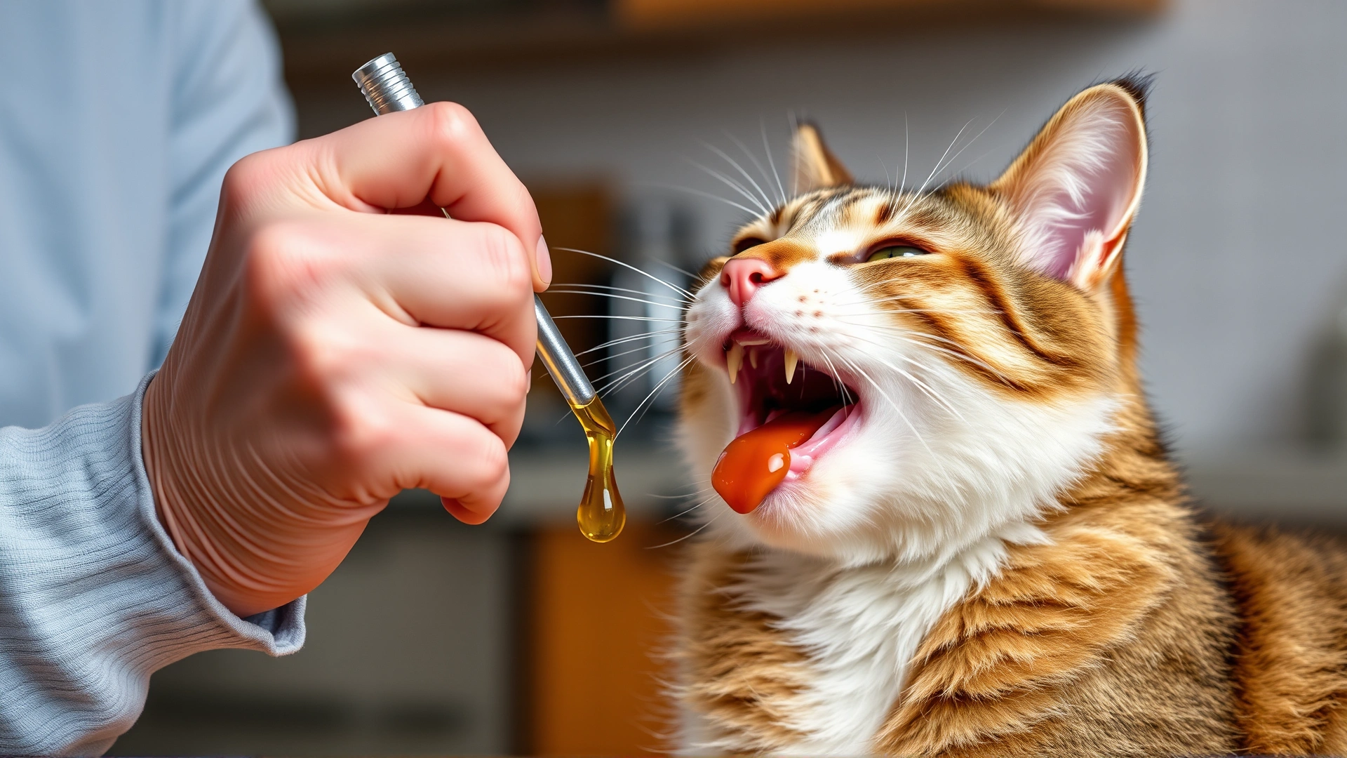 Cat owner gently applying corn syrup to the gums of an alert cat as an emergency treatment, kitchen background