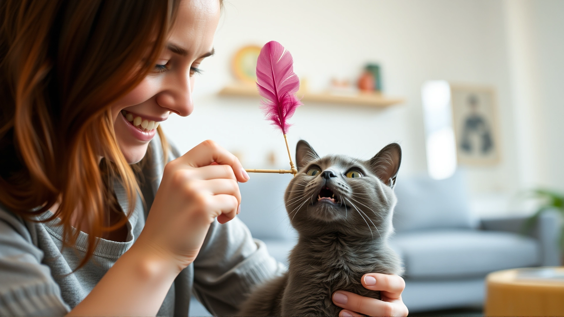 Young woman playing with a grey cat using a feather wand toy in a bright living room, both appearing happy, no scratches visible.