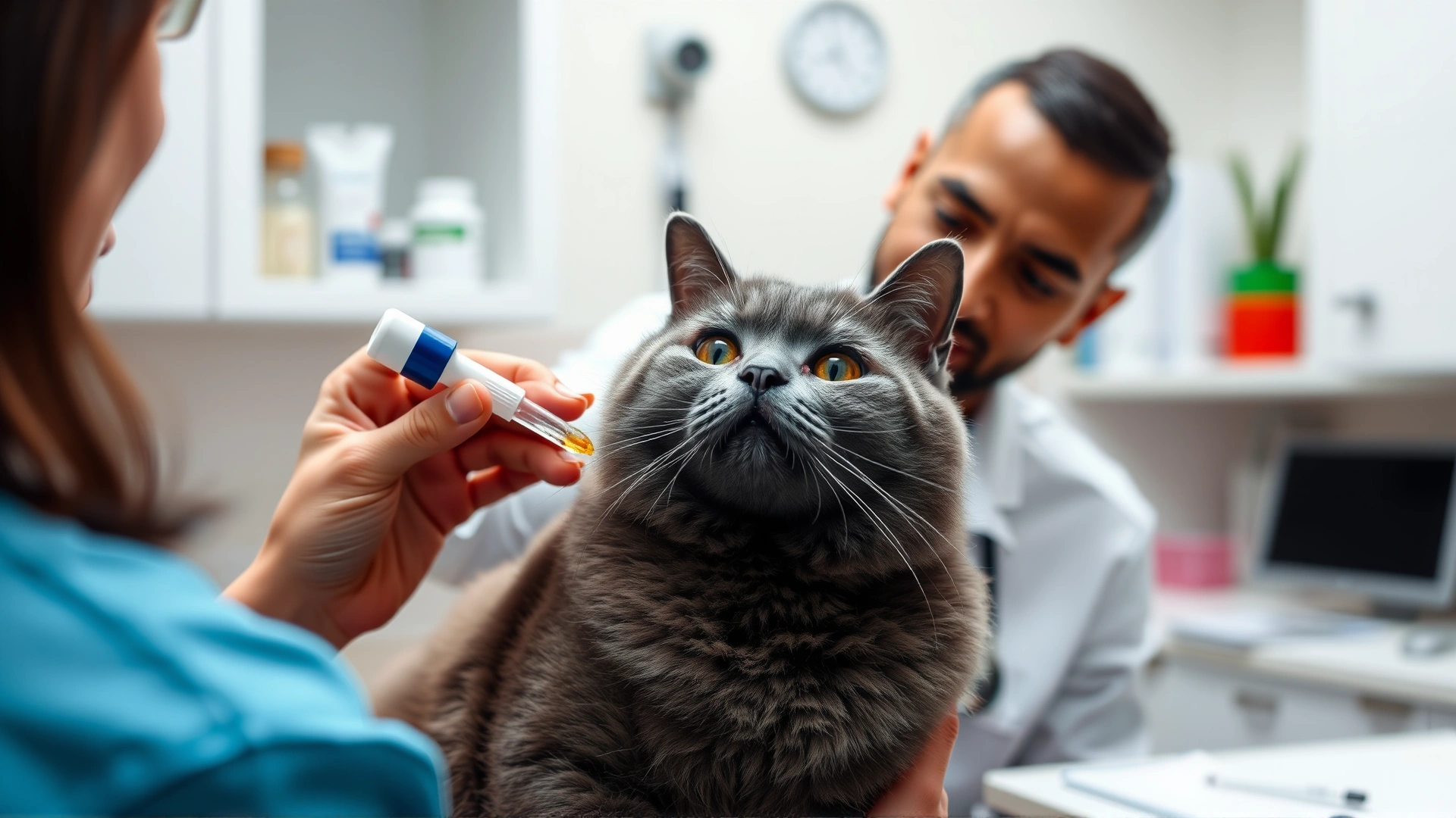 Friendly veterinarian in clinic showing a cat owner how to use a dropper for cat supplements while holding a calm gray cat, professional environment