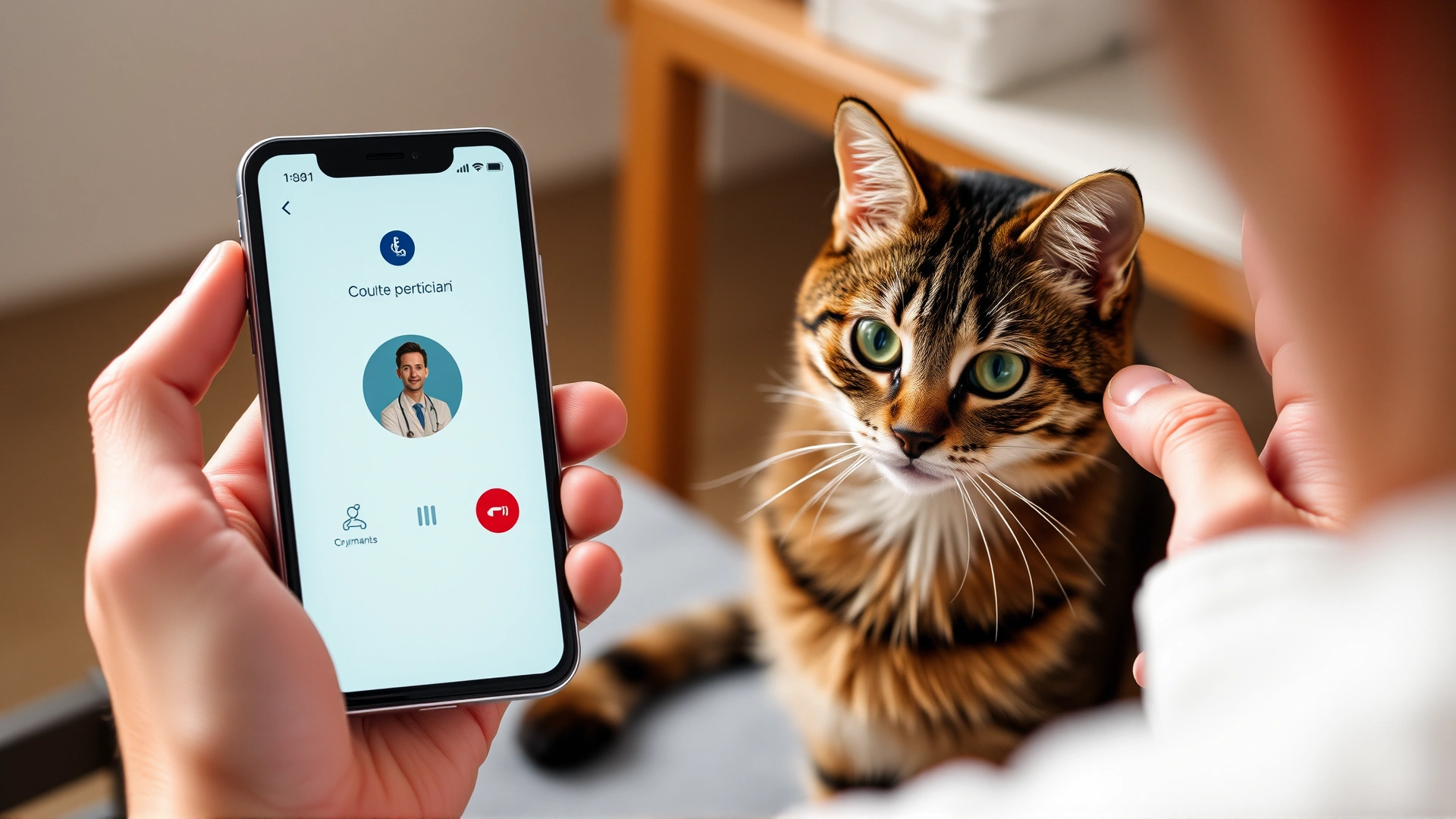 Person holding a smartphone showing a veterinarian contact screen while a concerned cat sits nearby