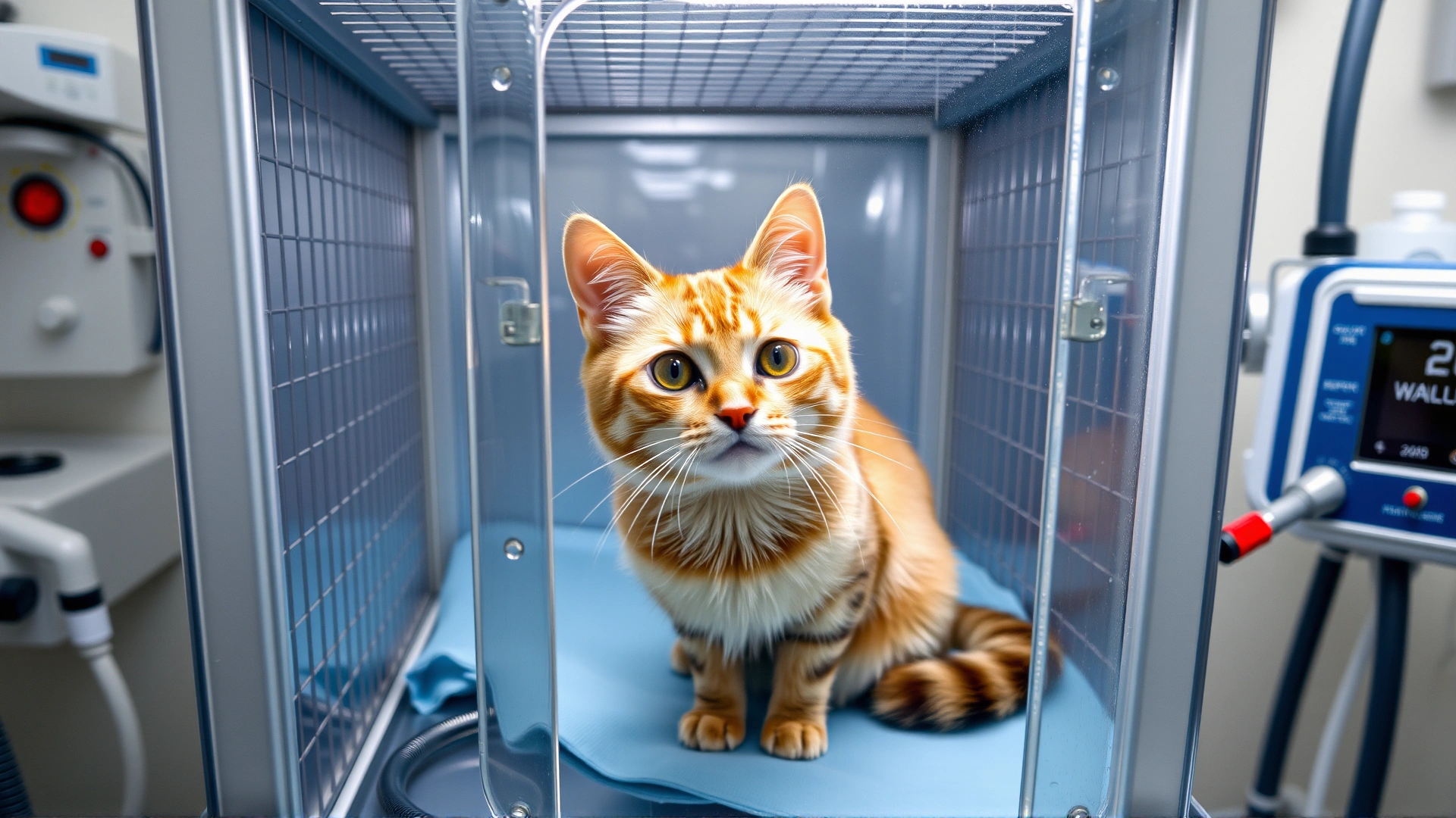 Cat inside an oxygen therapy cage at a veterinary hospital, visible moisture on clear walls, medical equipment nearby