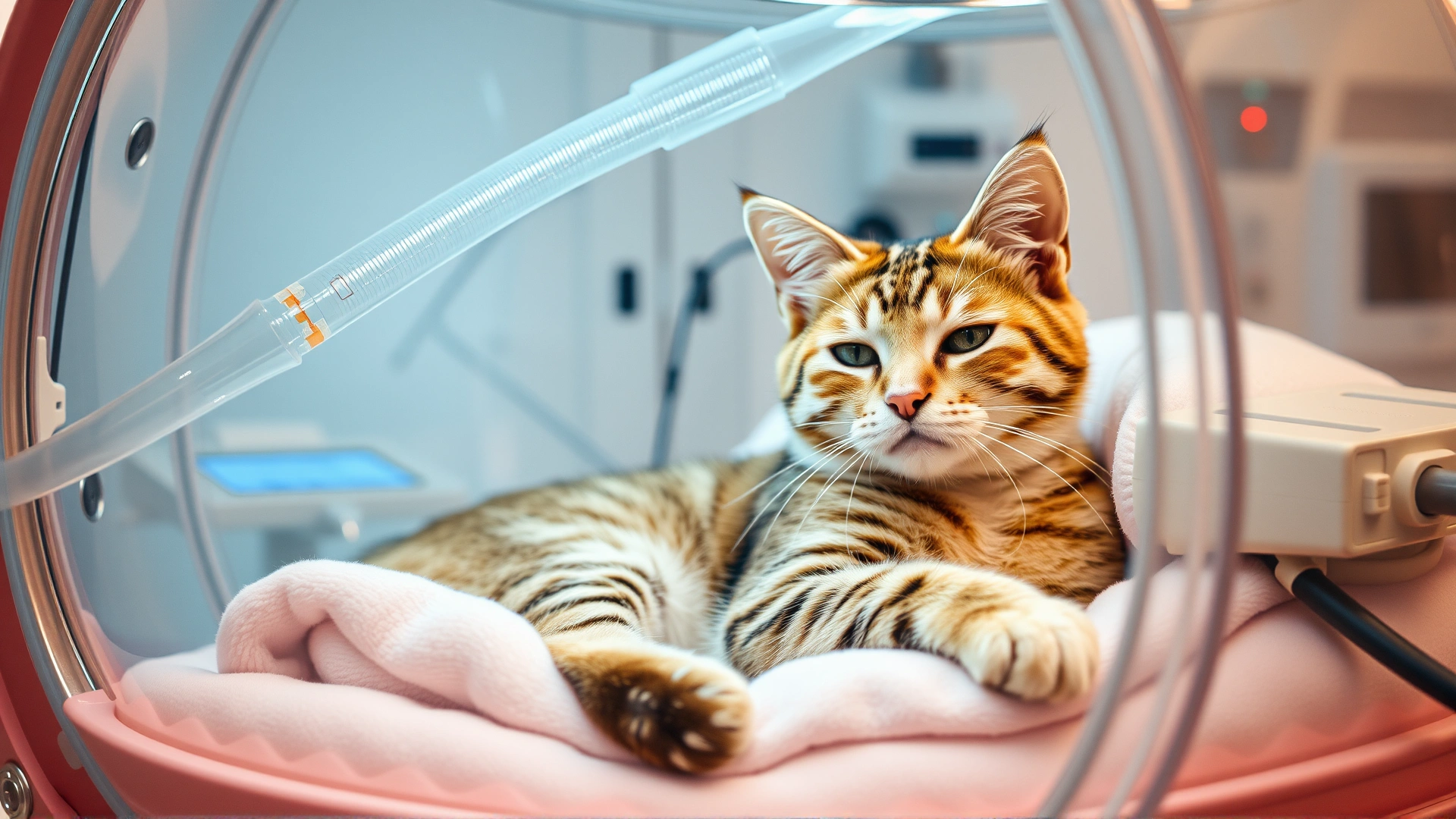 Cat resting inside a transparent veterinary oxygen chamber with soft bedding and monitoring equipment visible