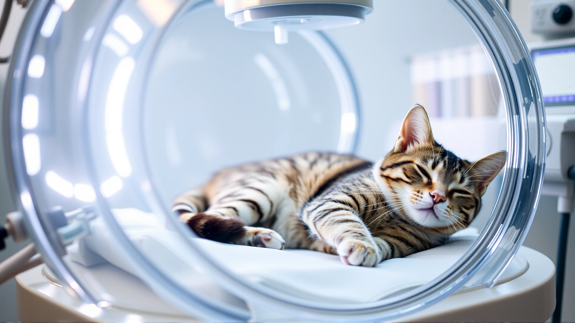 Cat resting inside a transparent oxygen chamber at a vet clinic with soft lighting, showing tubes and monitoring equipment, no text.