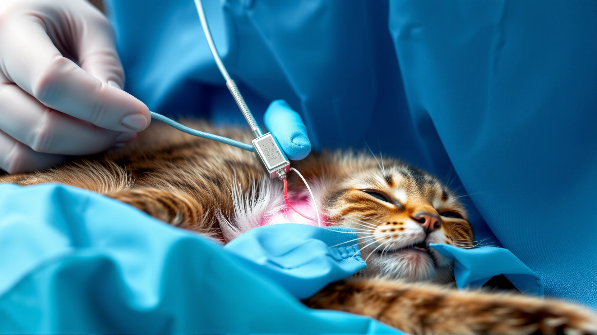 Surgical scene showing a veterinarian implanting a pacemaker lead in a sedated cat, sterile blue drapes, focus on the small device
