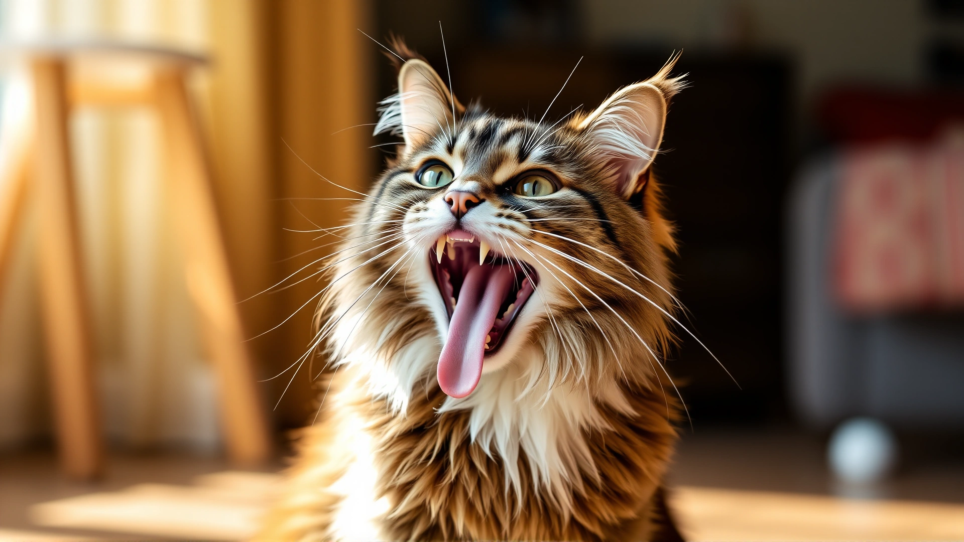 Domestic long-haired cat sitting with mouth wide open and tongue out, panting, warm indoor lighting