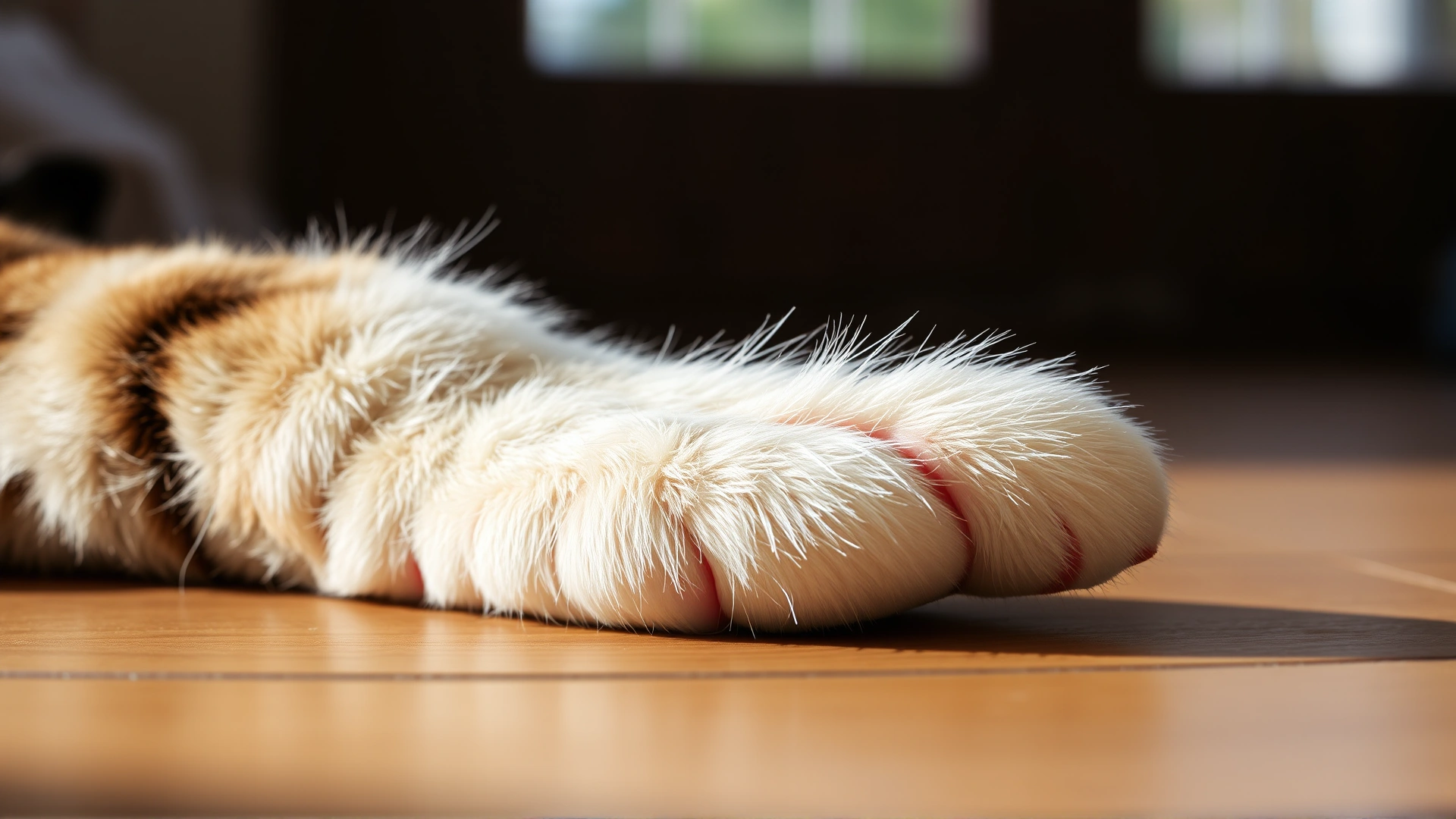 Macro shot of a feline paw with mild visible swelling resting on a wooden floor; soft natural window light emphasizes texture and slight puffiness.