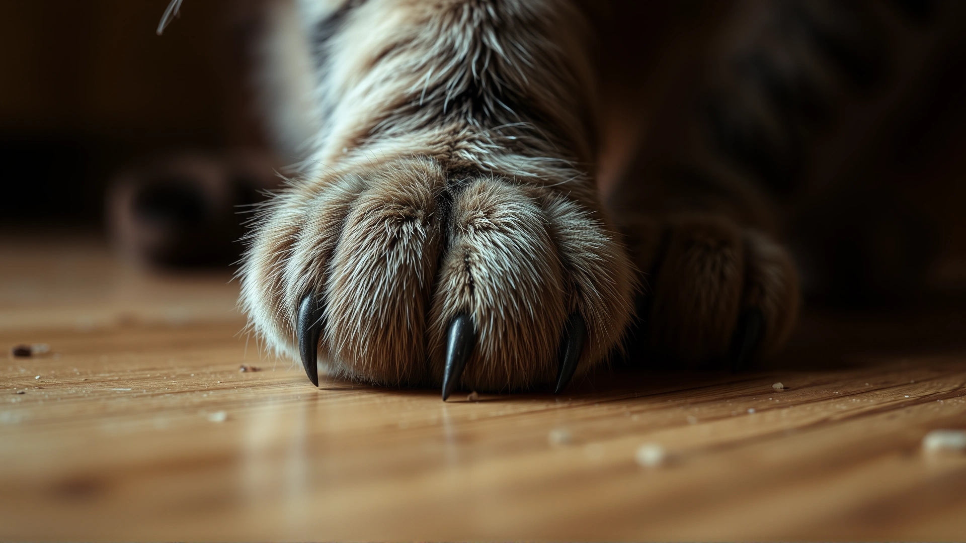Macro shot of a cat’s front paw with sharp claws slightly extended, lying on a wooden floor, high detail