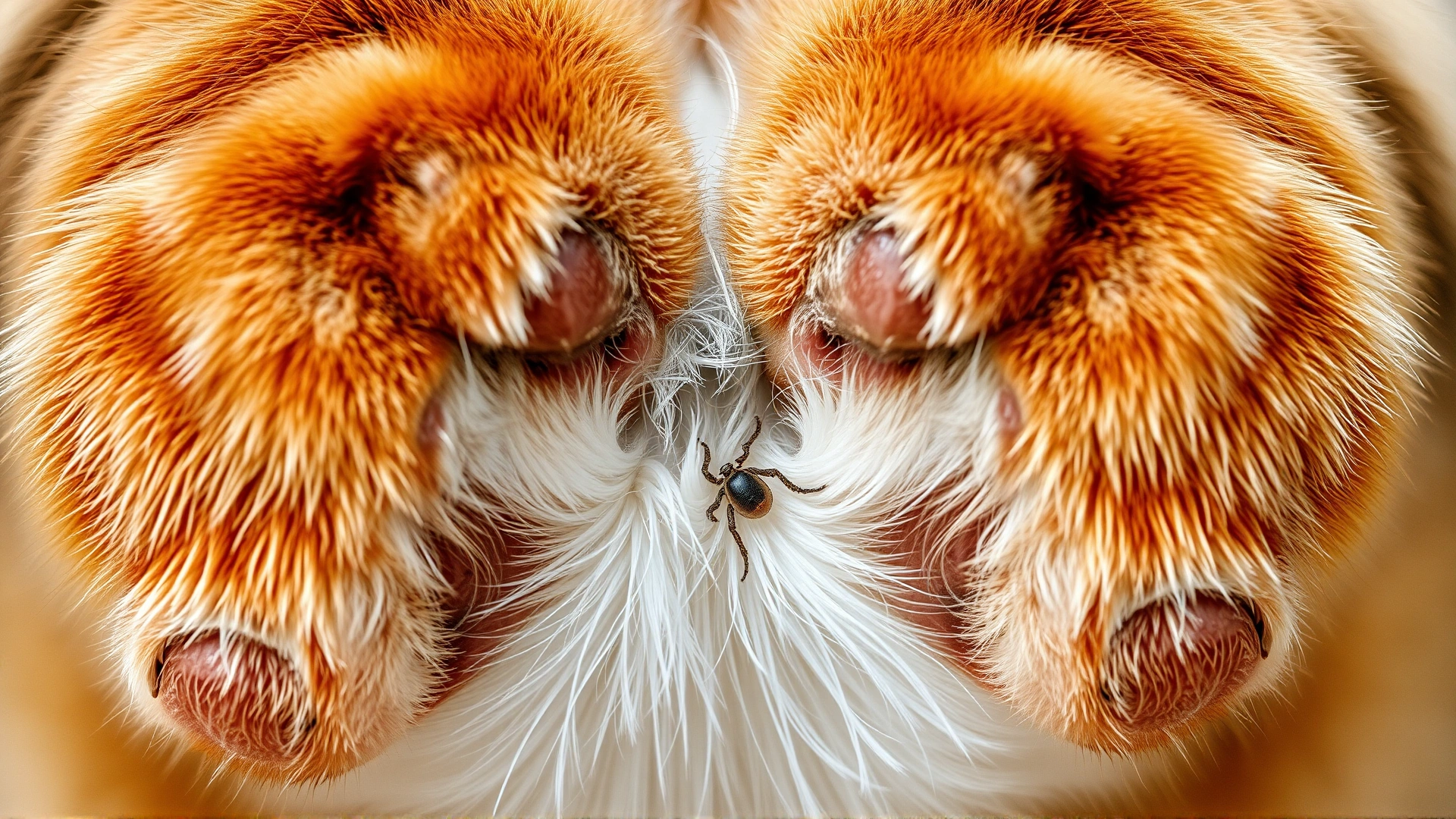 Close-up of cat's paw pads spread apart to reveal fur between toes where tick could hide.