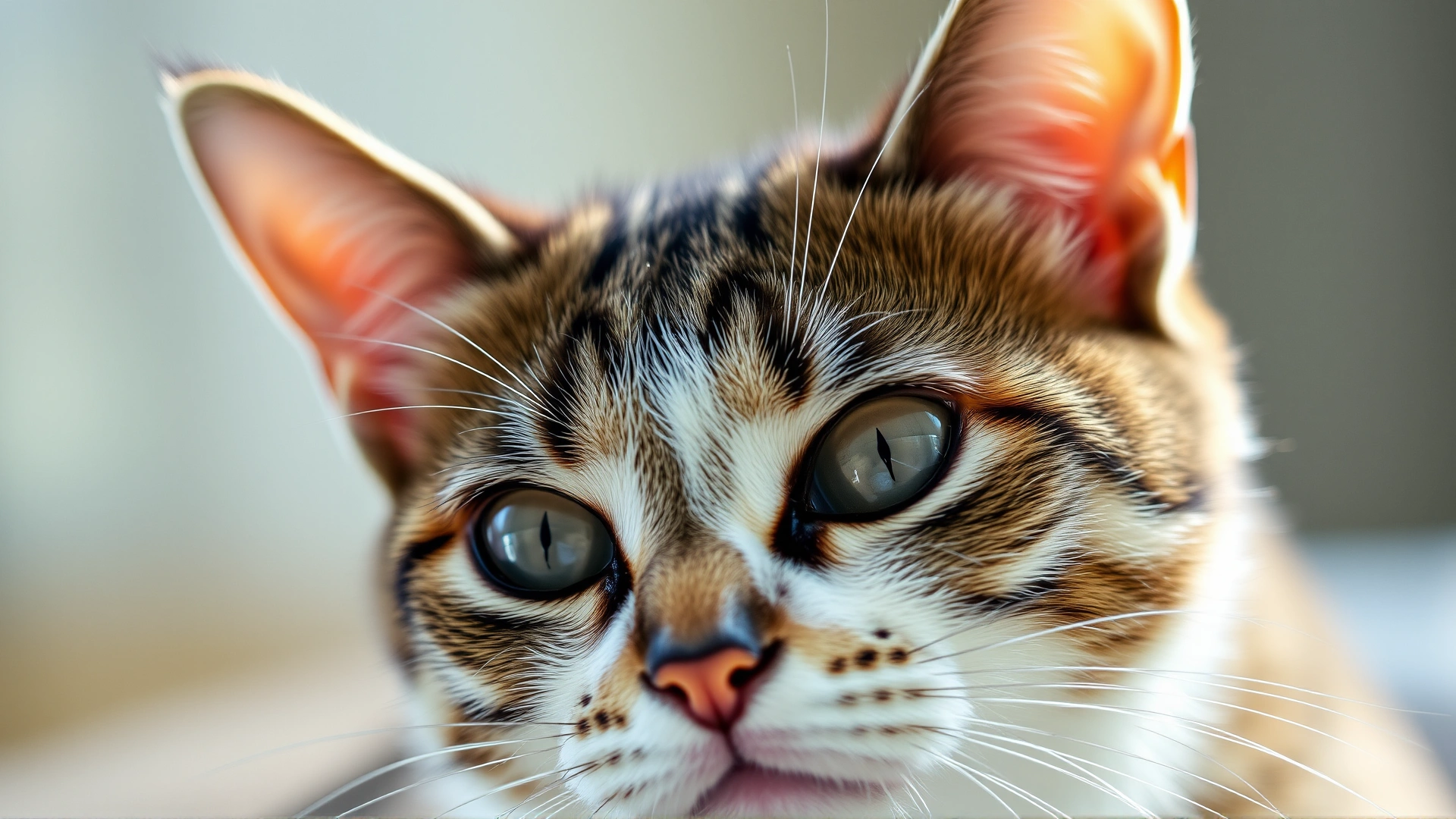 Close-up of a domestic short-haired cat with a slightly worried expression, soft natural lighting, shallow depth of field
