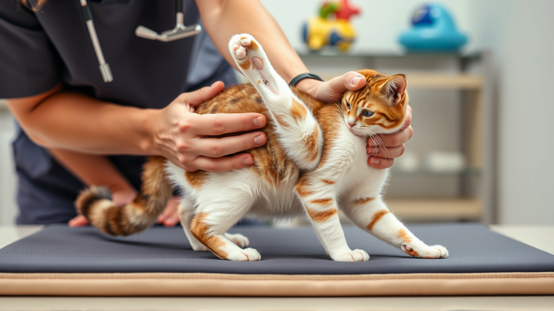 Pet physical therapist stretching a domestic short-haired cat’s hind leg on a padded mat, professional setting.