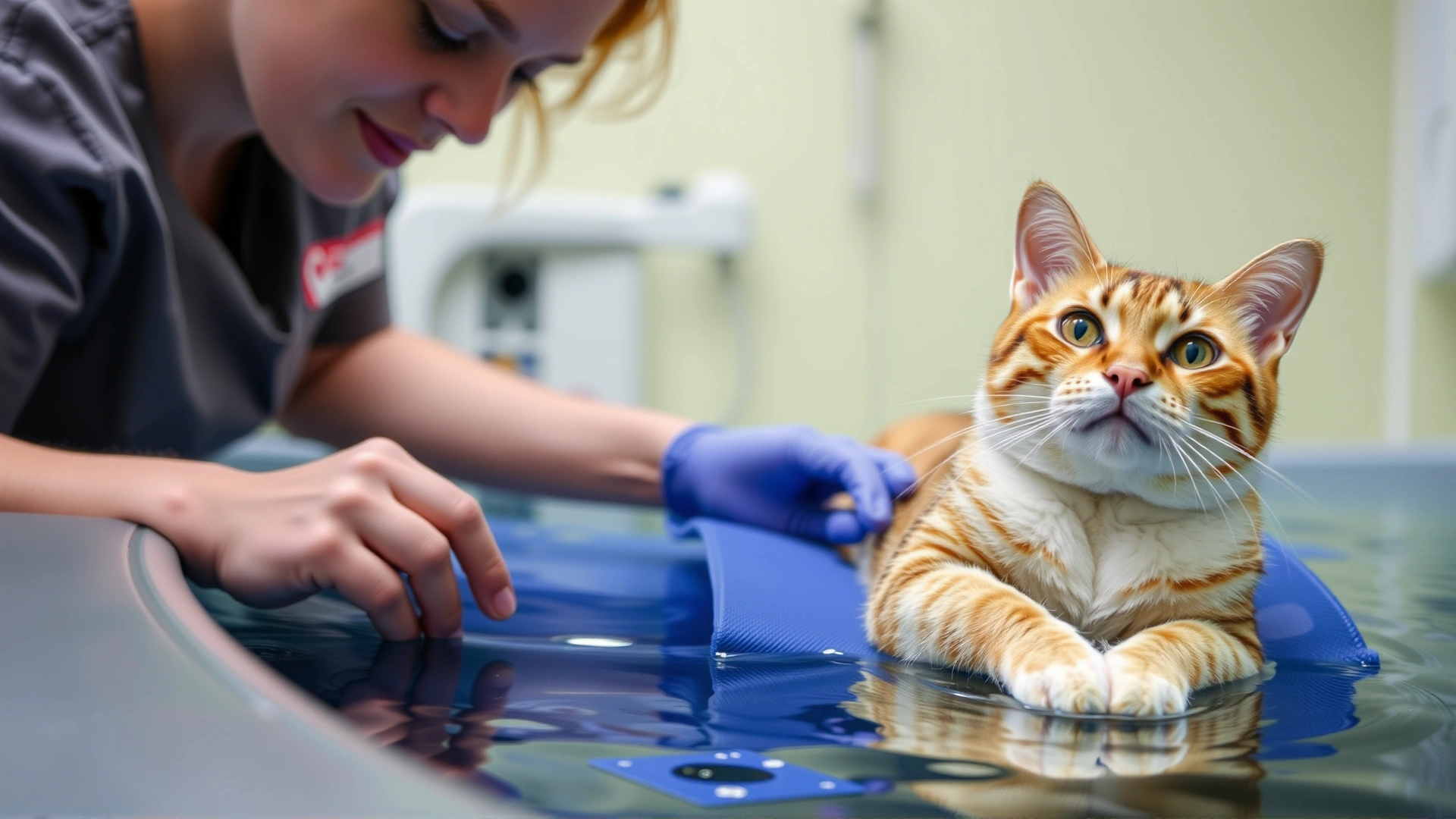 Photo of a cat undergoing underwater treadmill therapy with a veterinary physiotherapist
