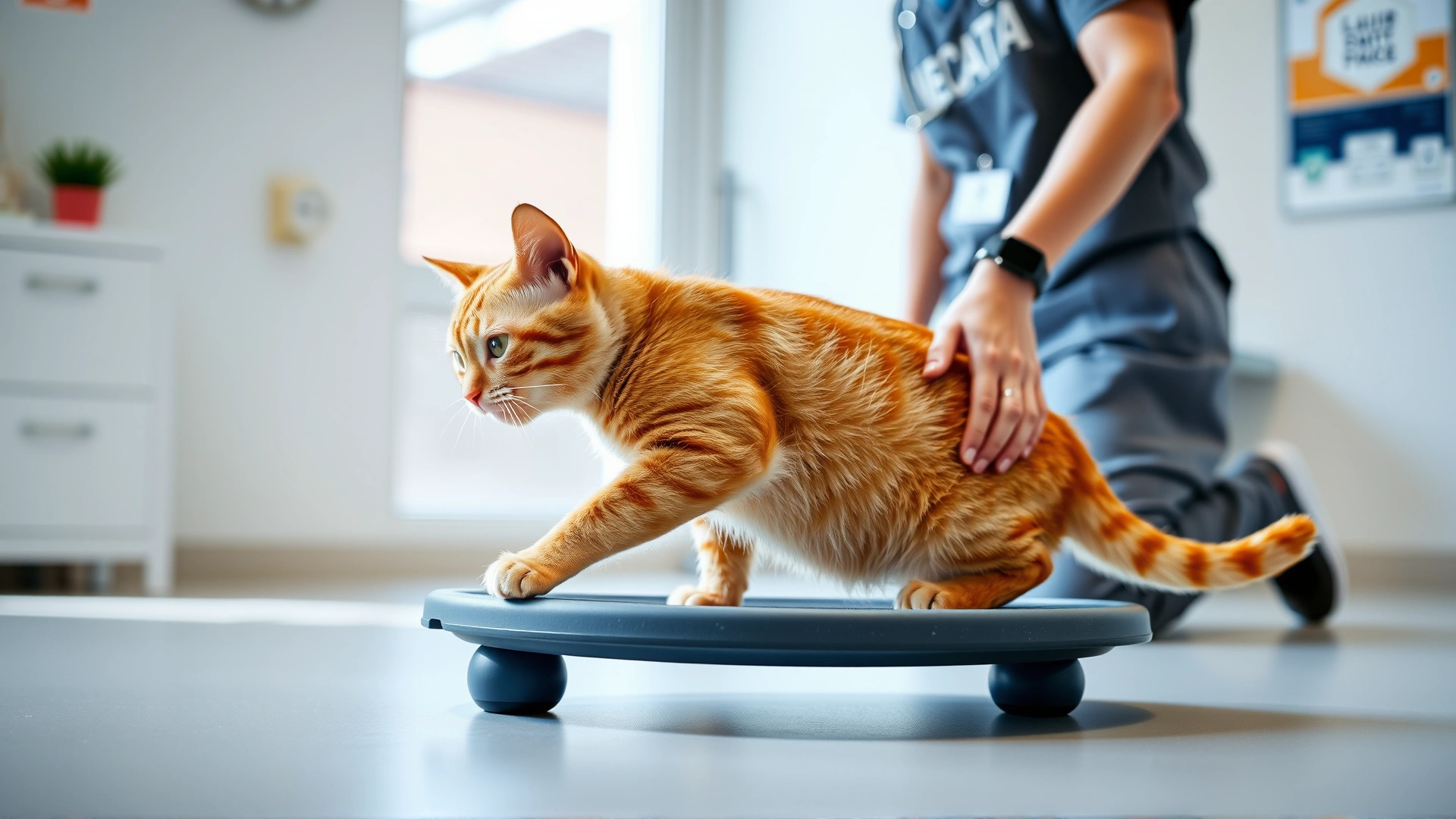 Orange domestic cat performing light physiotherapy exercise on a wobble board under guidance of a vet tech, bright rehab room