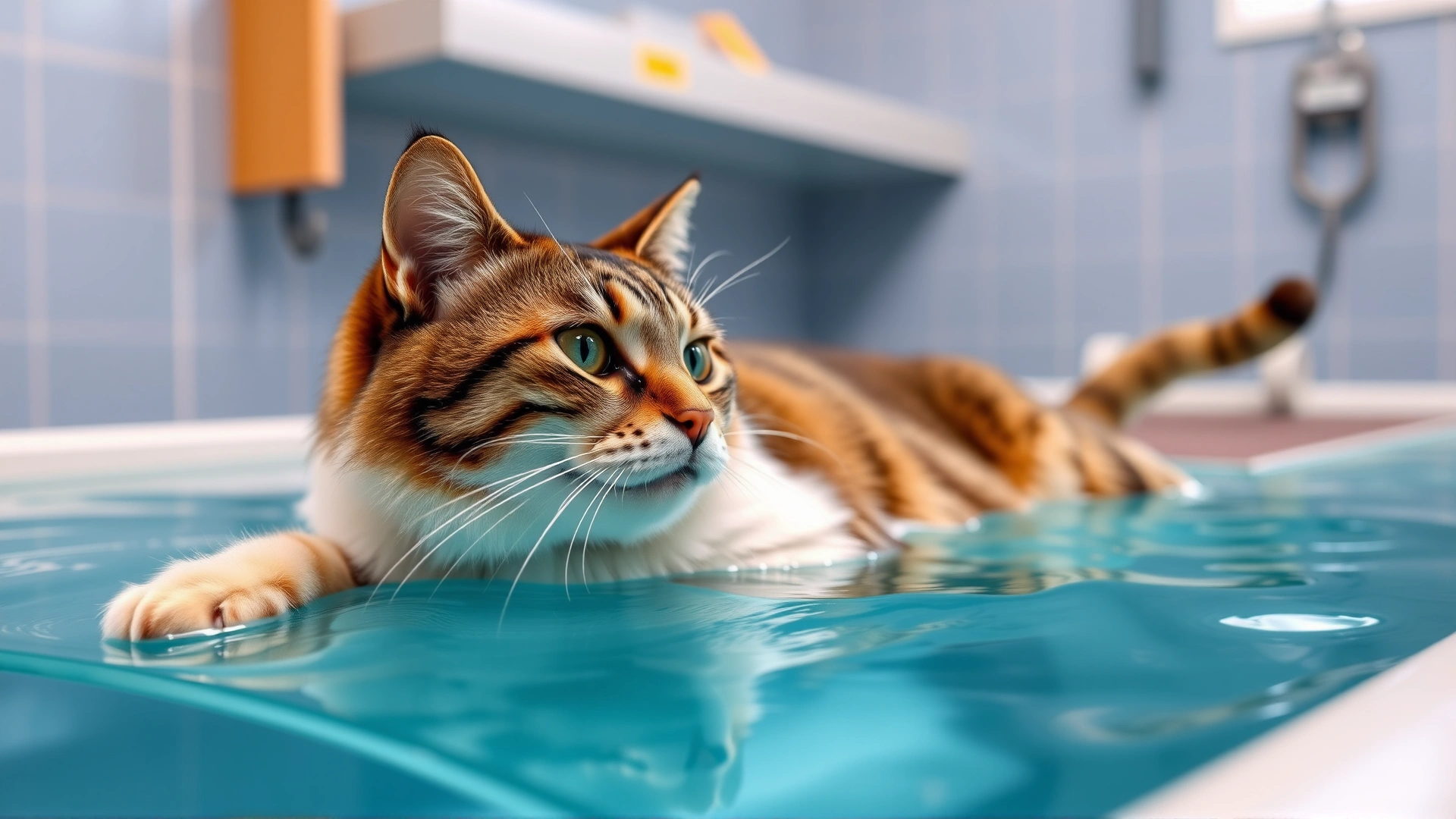 Cat undergoing hydrotherapy on an underwater treadmill with a veterinary physiotherapist guiding the session.