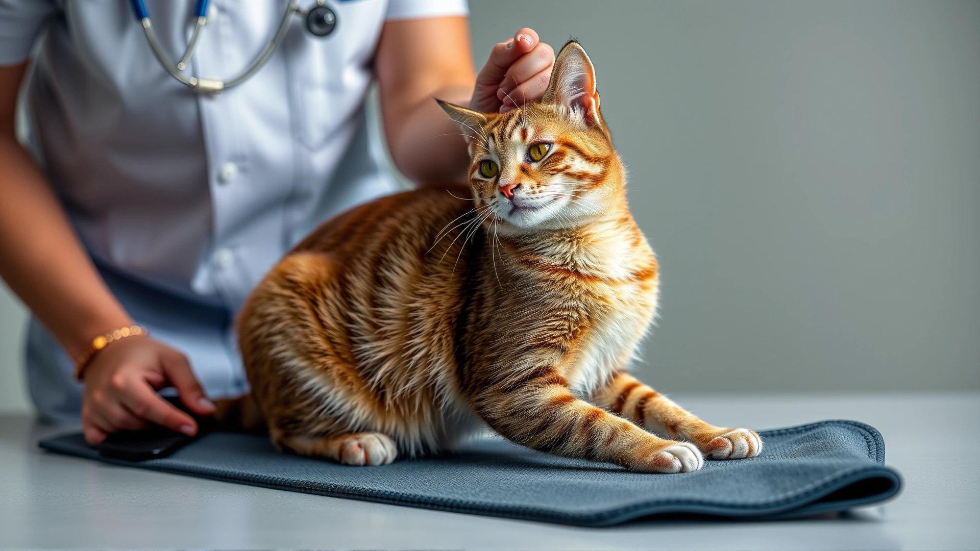 Animal physiotherapist performing gentle stretching exercises on a cat's hind leg using a soft mat.