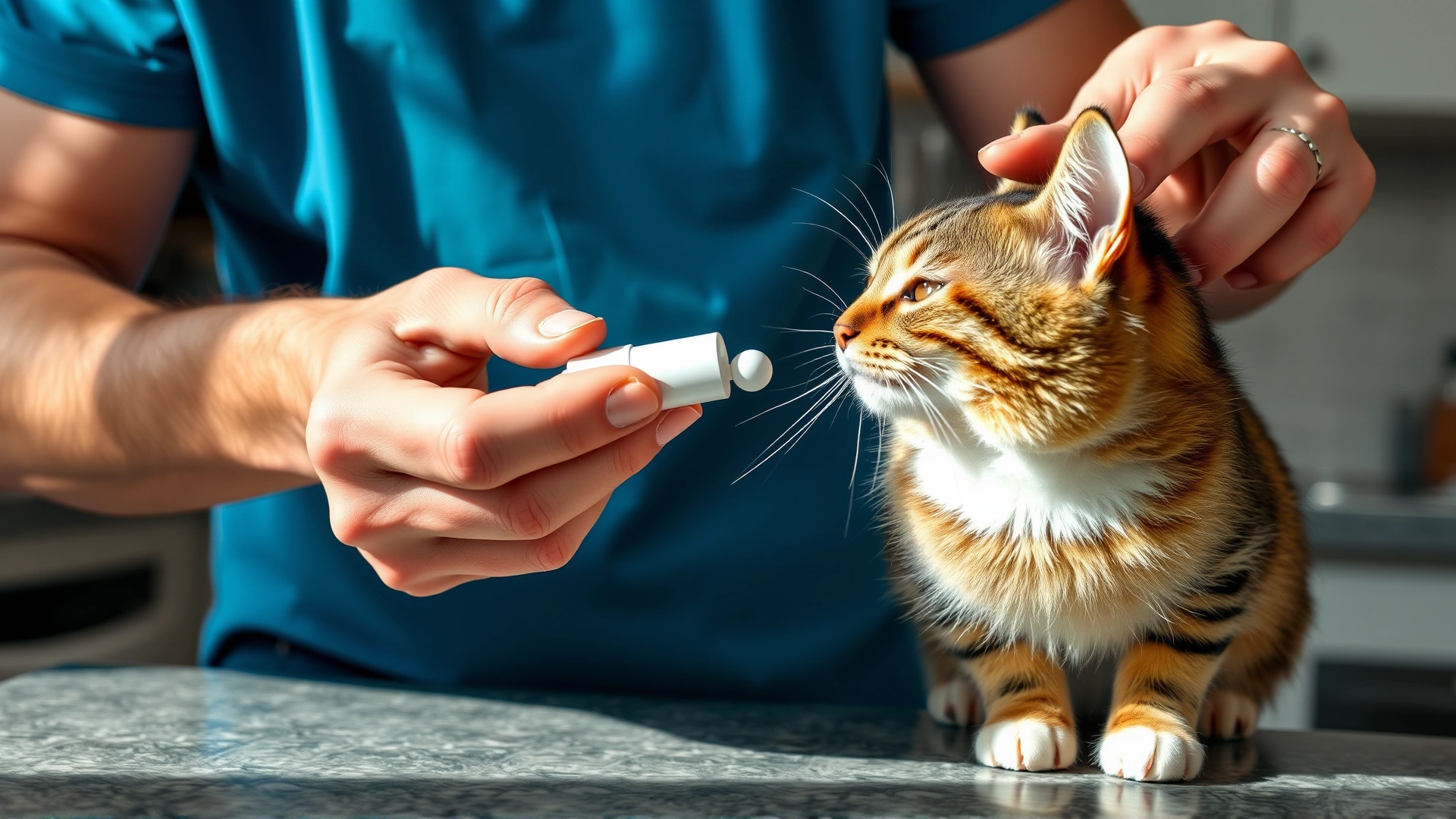 Owner giving a pill to a short-haired tabby cat using a pill popper, kitchen background, natural daylight