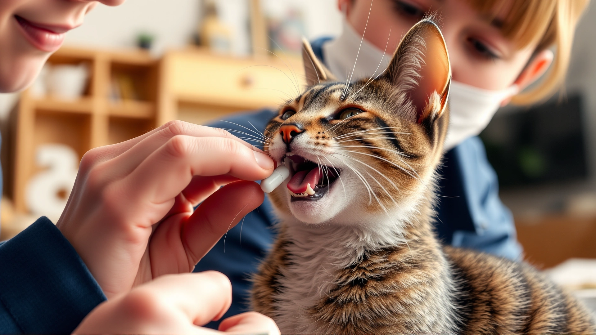 Cat owner carefully tilting a cat's head back and placing a pill at the back of its tongue, indoor scene, soft lighting