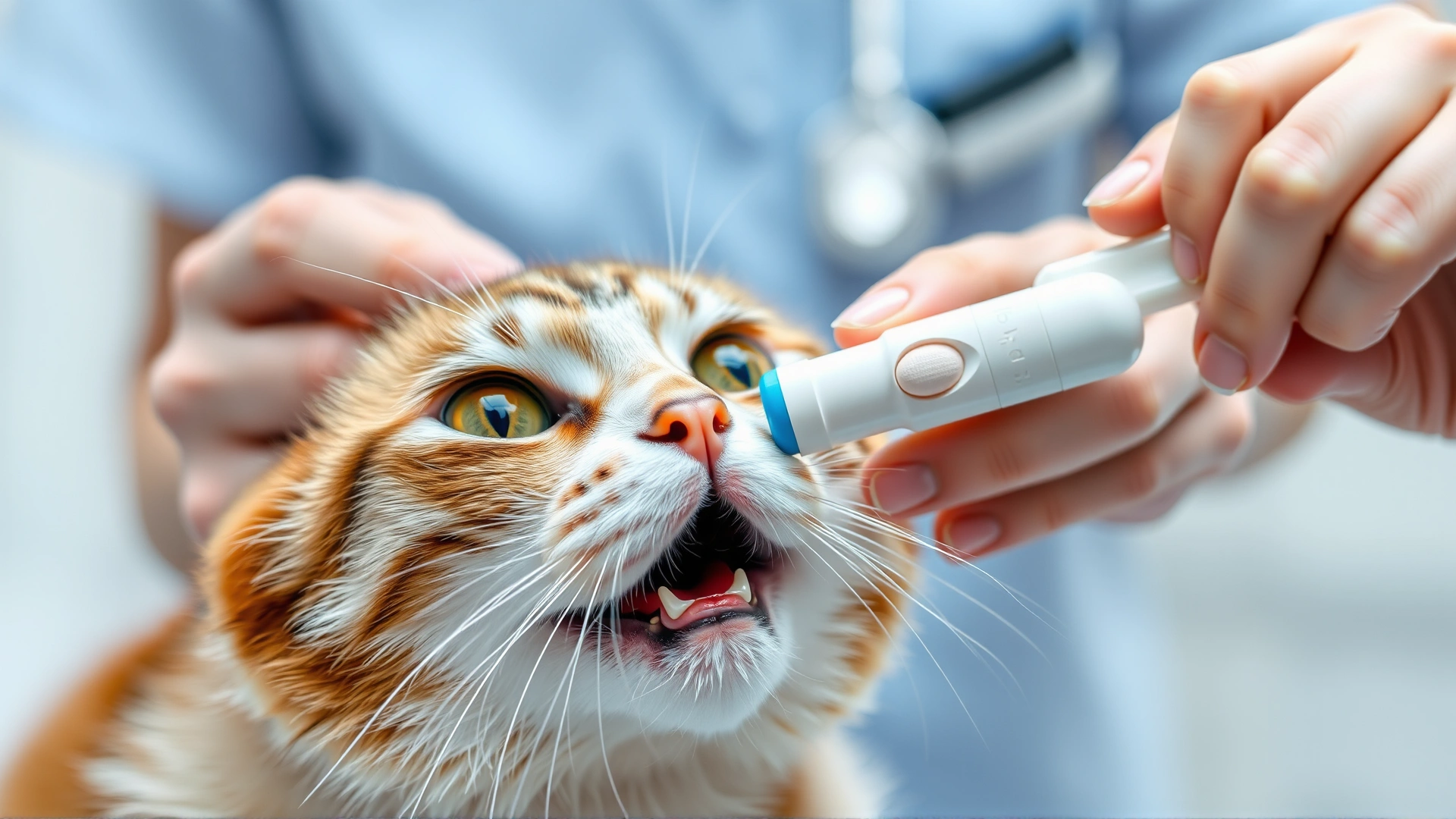 Cat being given an oral tablet with a pill popper by a veterinarian, soft focus clinic background, clear depiction of the pill administration.